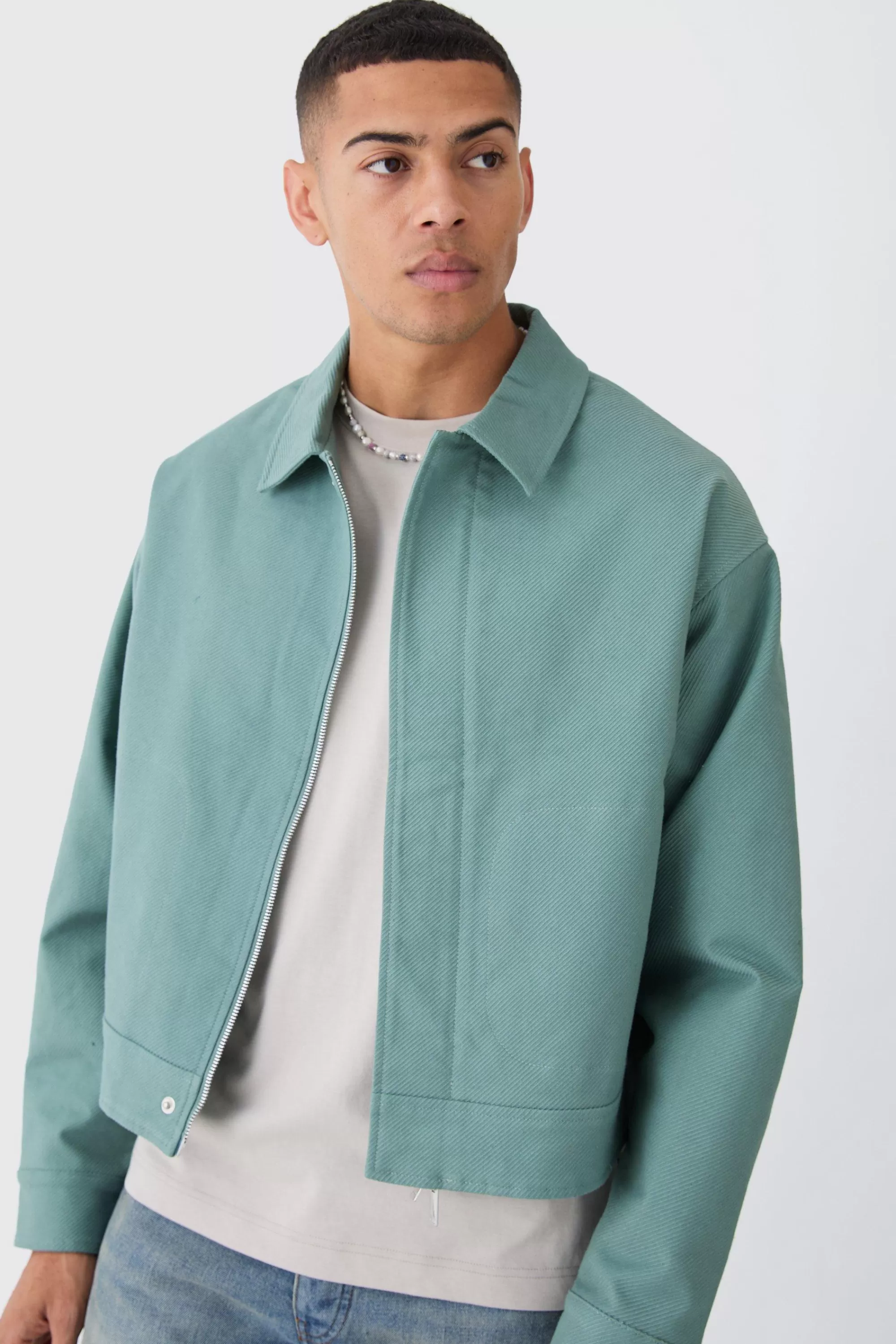 boohooMAN Boxy Smart Ribbed Twill Harrington Jacket | UK