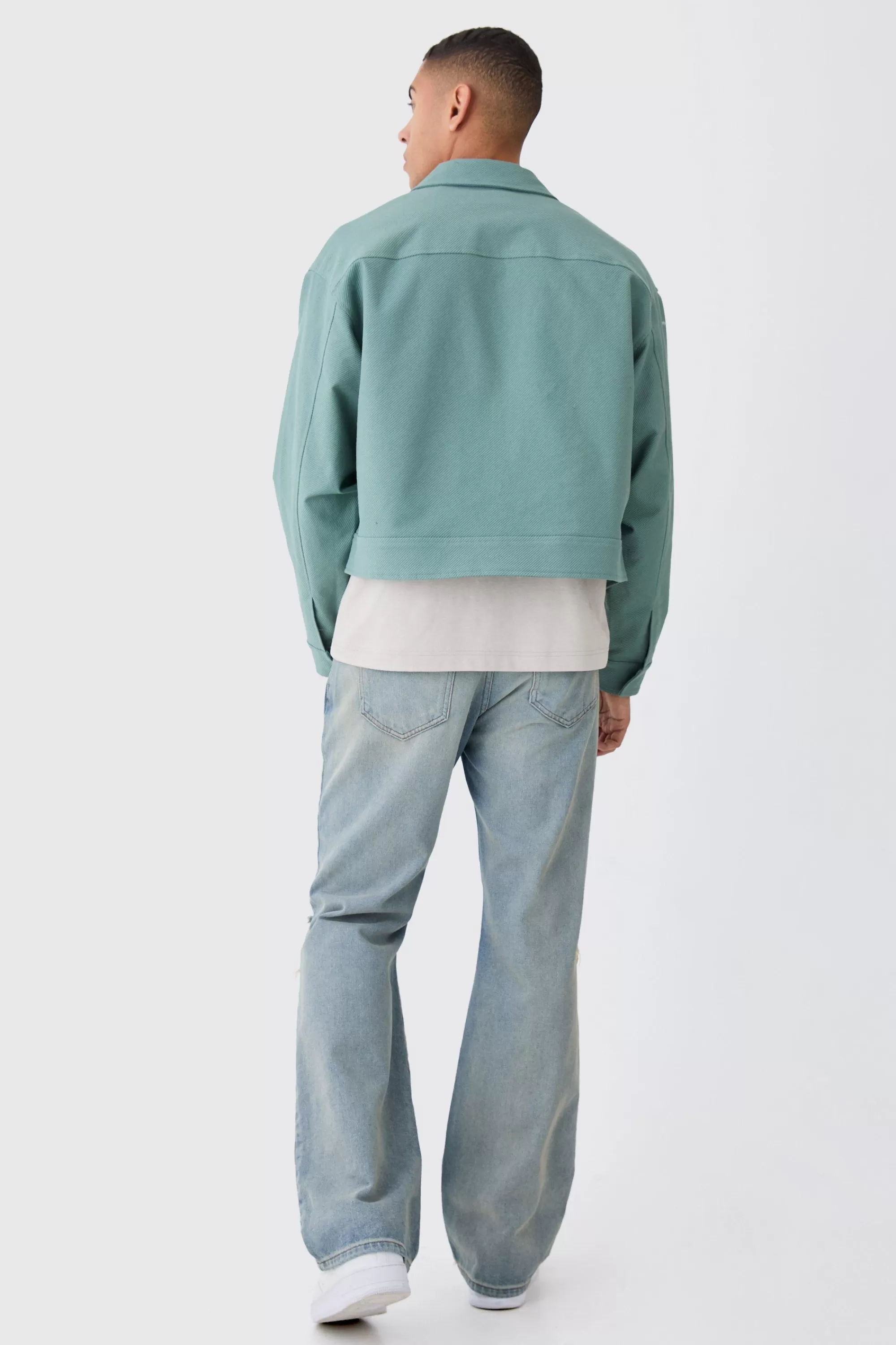 boohooMAN Boxy Smart Ribbed Twill Harrington Jacket | UK