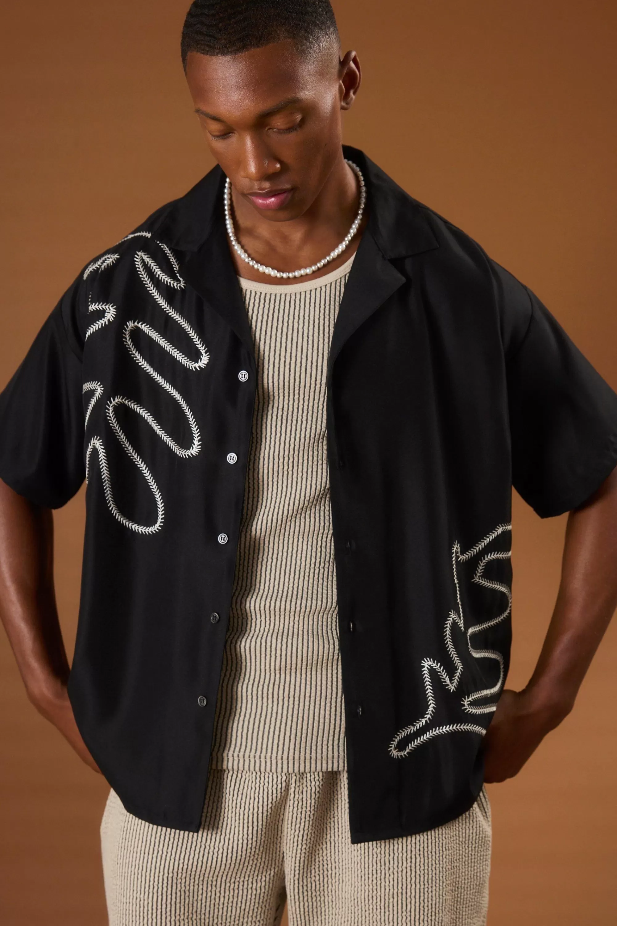 boohooMAN Boxy Soft Twill Cartoon Leaf Embroidered Shirt | UK