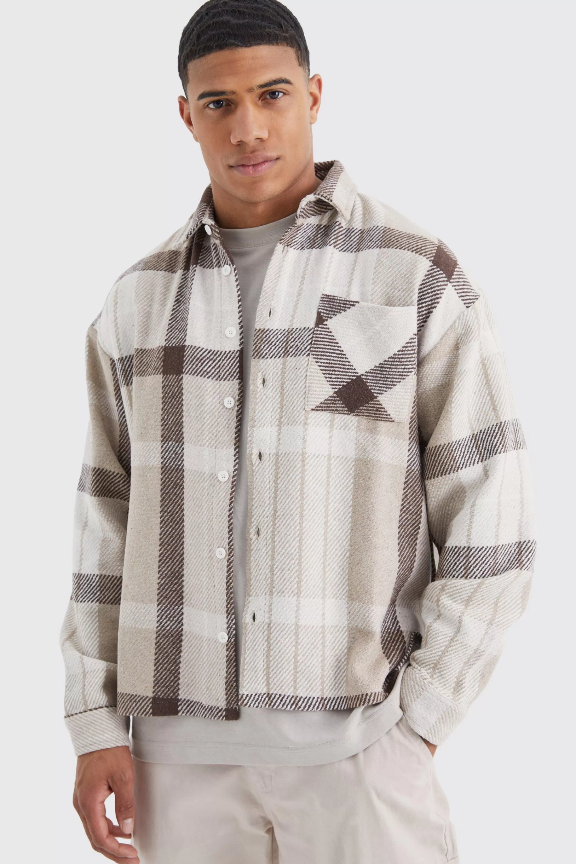 boohooMAN Boxy Split Hem Brushed Check Overshirt | UK