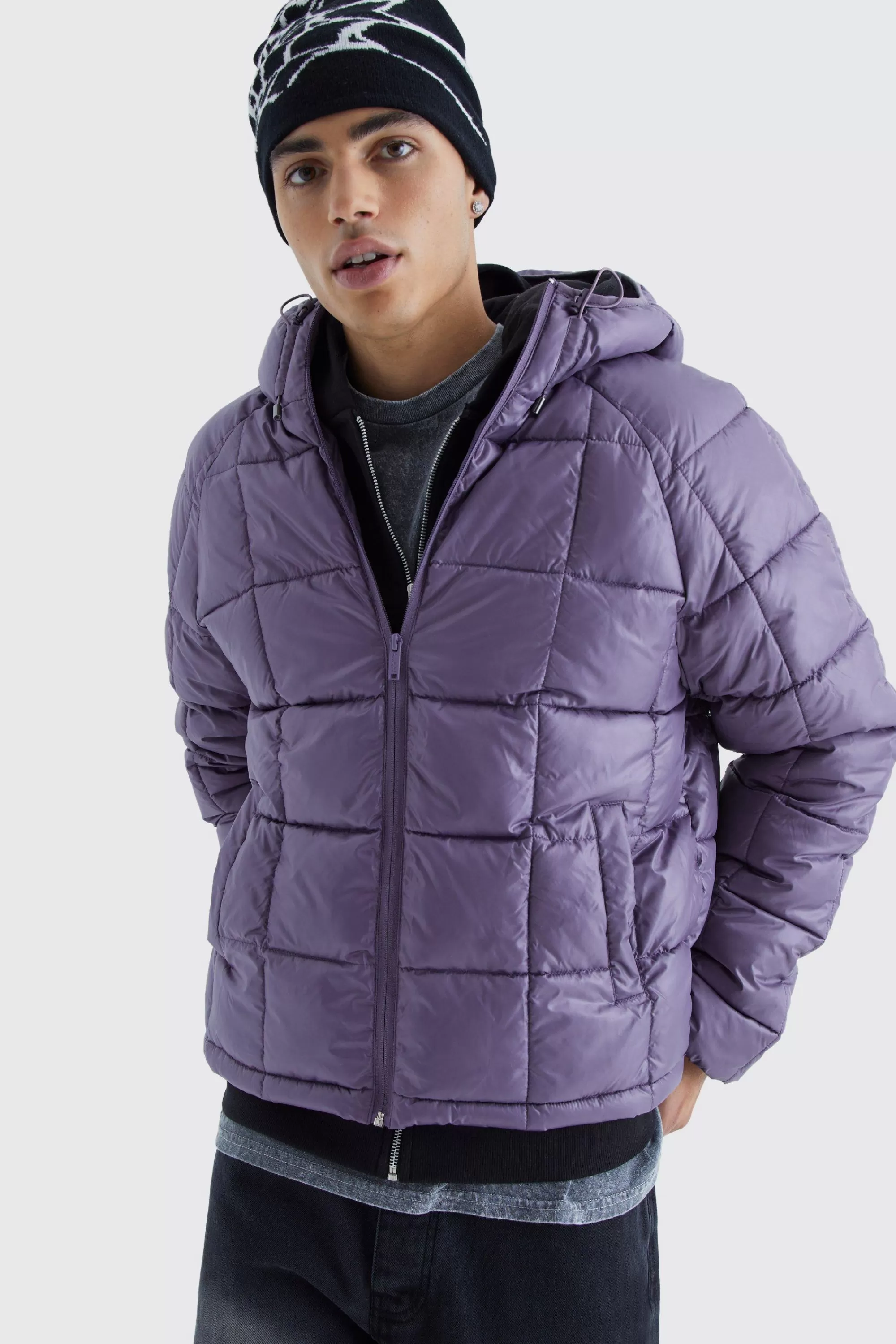 boohooMAN Boxy Square Quilted Puffer With Hood | UK