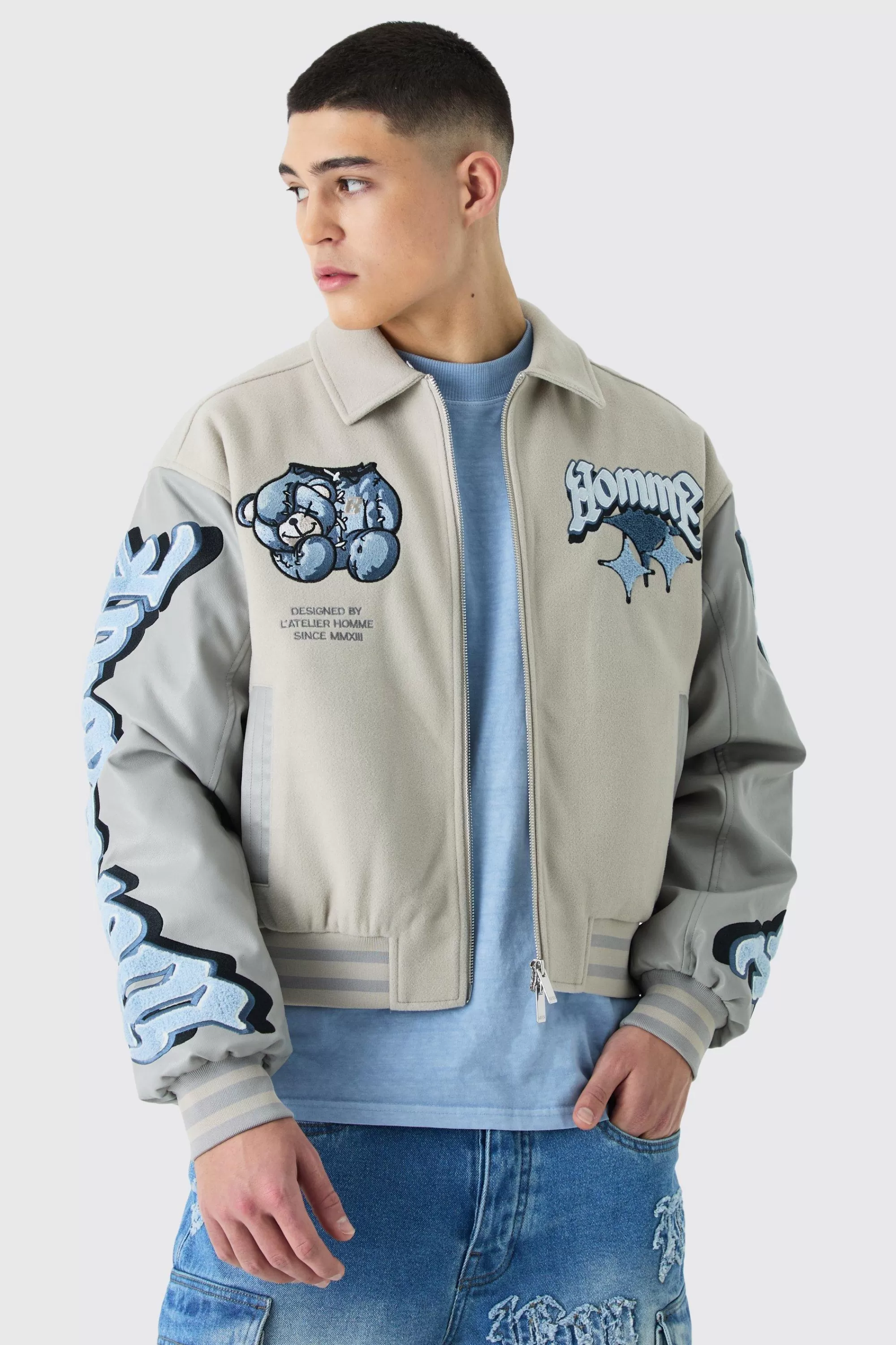boohooMAN Boxy Teddy Applique Bomber | UK