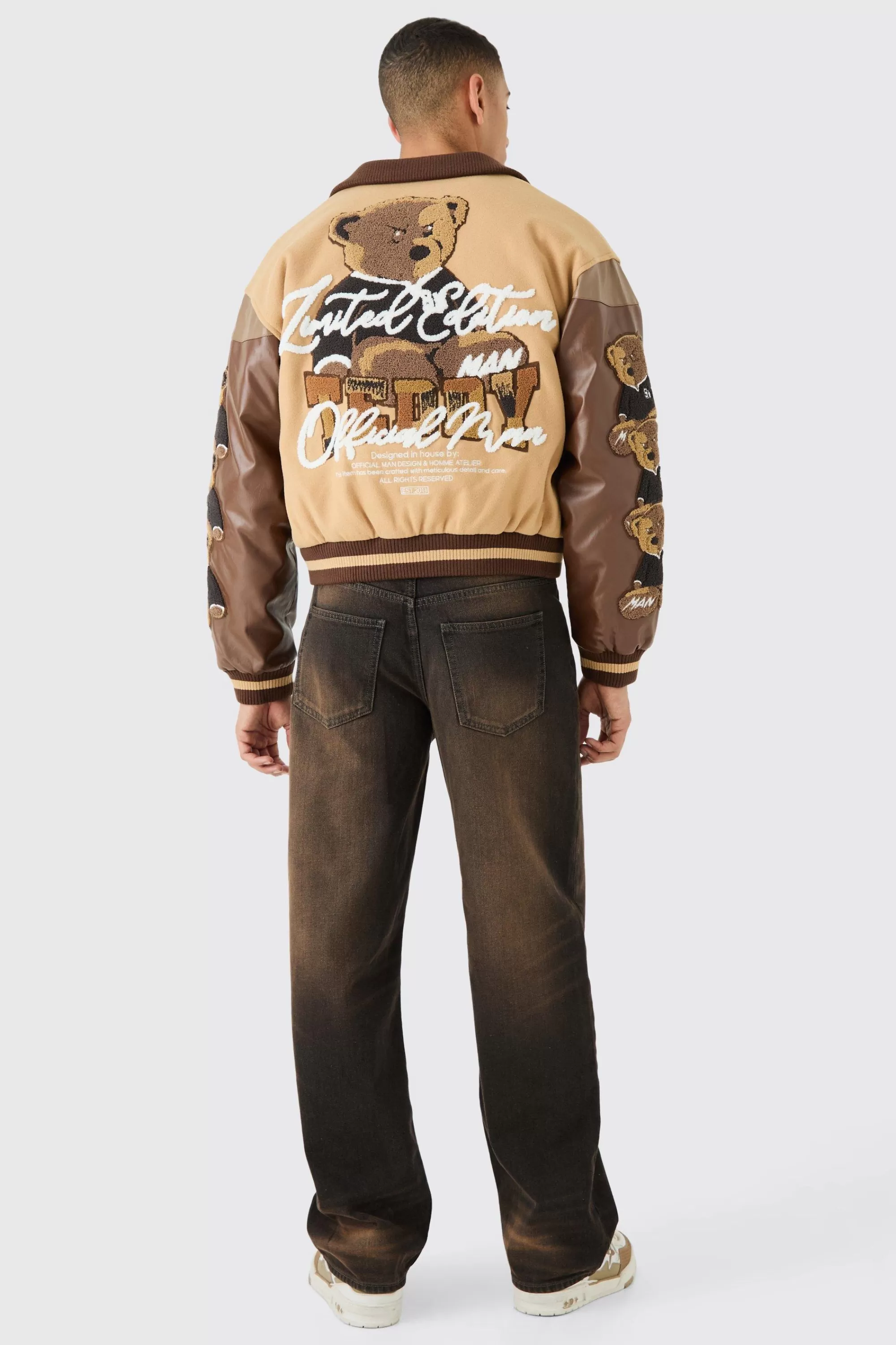boohooMAN Boxy Teddy Badge Knitted Collar Varsity Jacket | UK