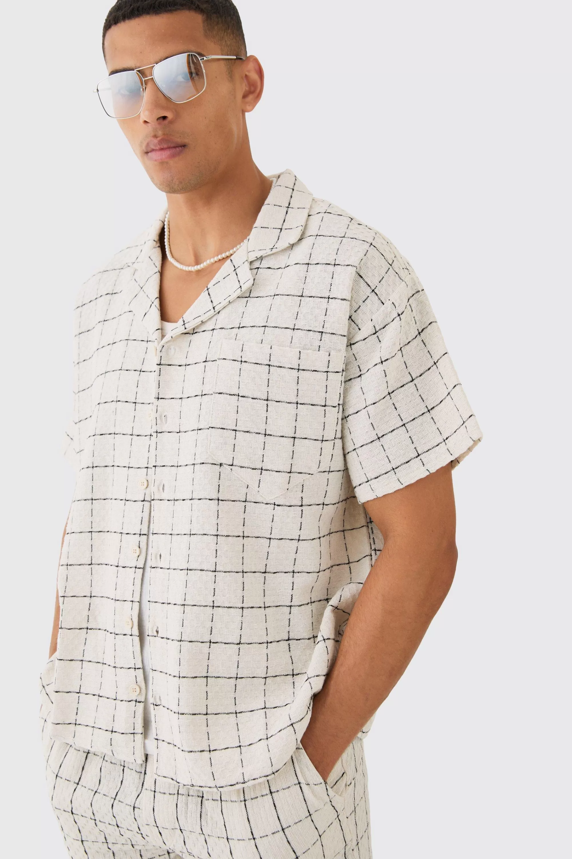 boohooMAN Boxy Textured Grid Check Shirt And Short | UK
