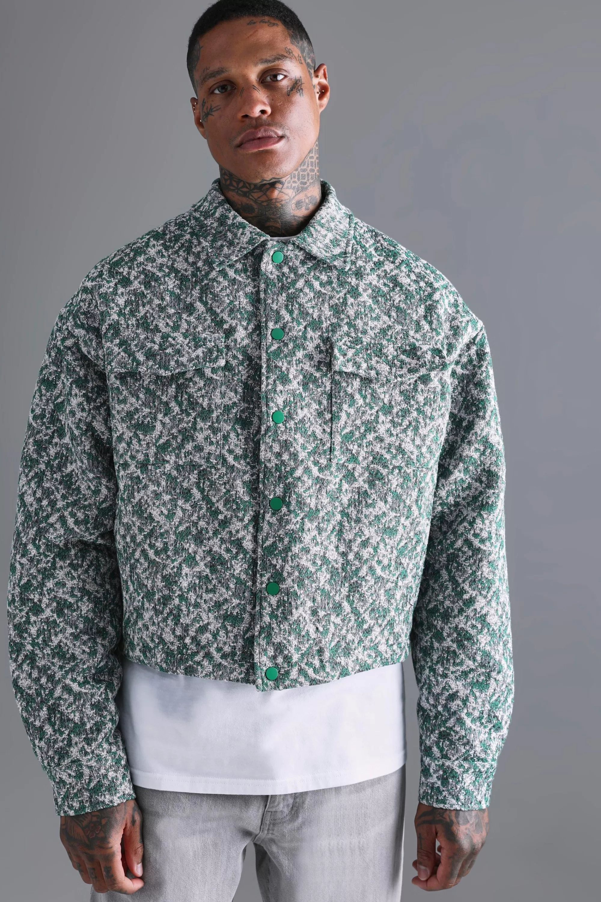 boohooMAN Boxy Textured Jacquard Collared Jacket | UK