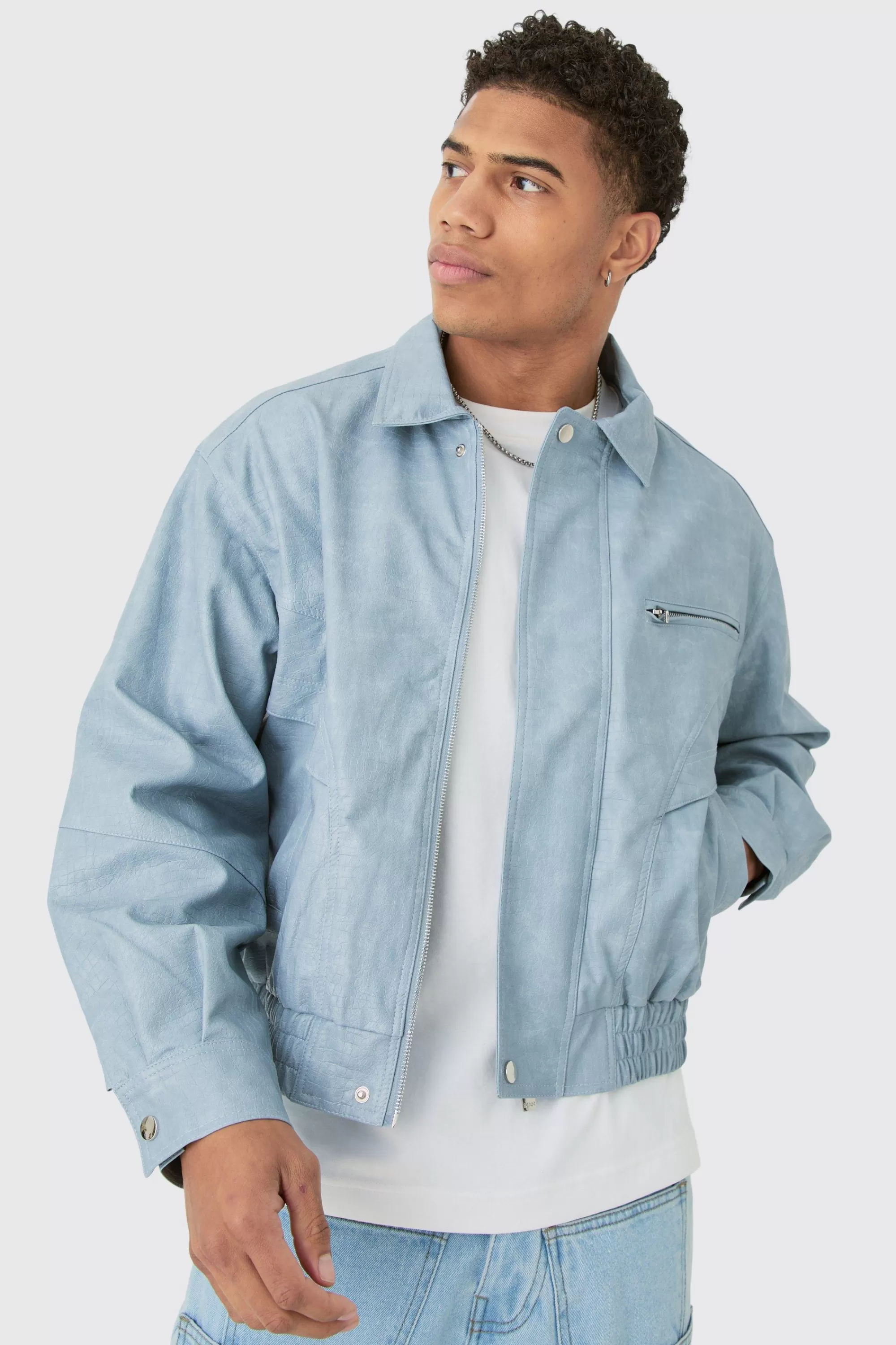 boohooMAN Boxy Textured Pu Bomber In | UK