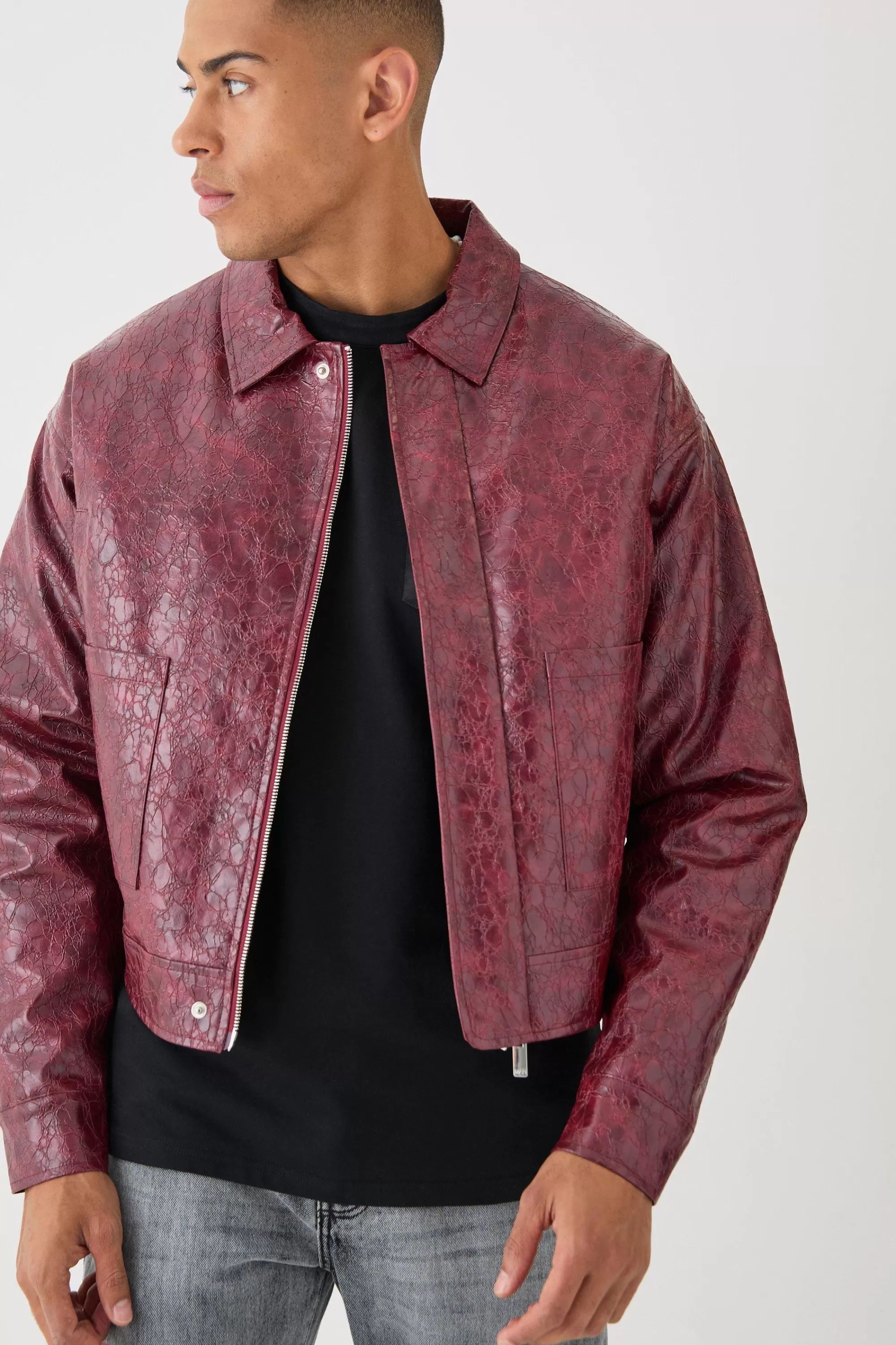 boohooMAN Boxy Textu Pu Harrington Jacket In | UK