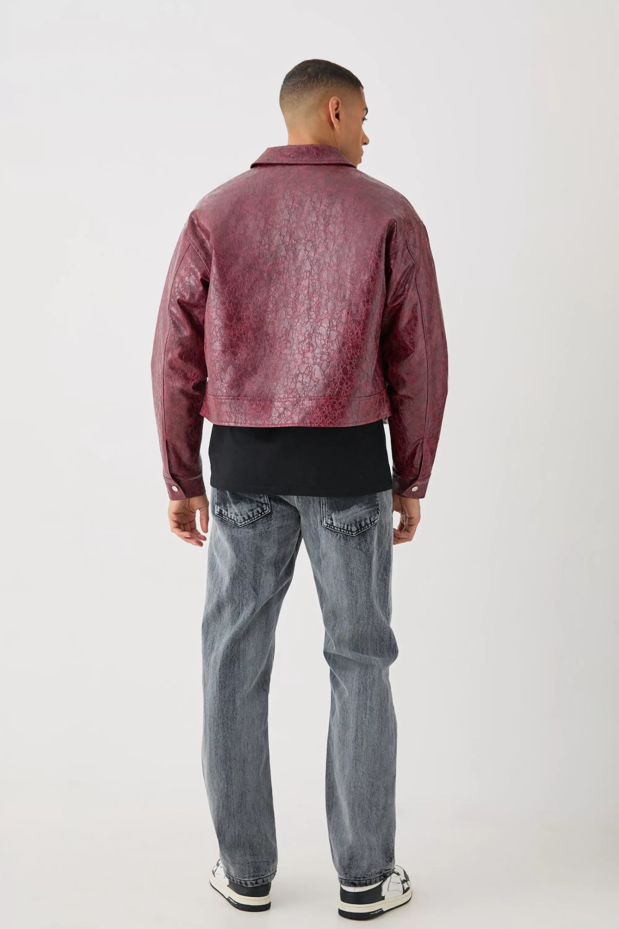 boohooMAN Boxy Textu Pu Harrington Jacket In | UK