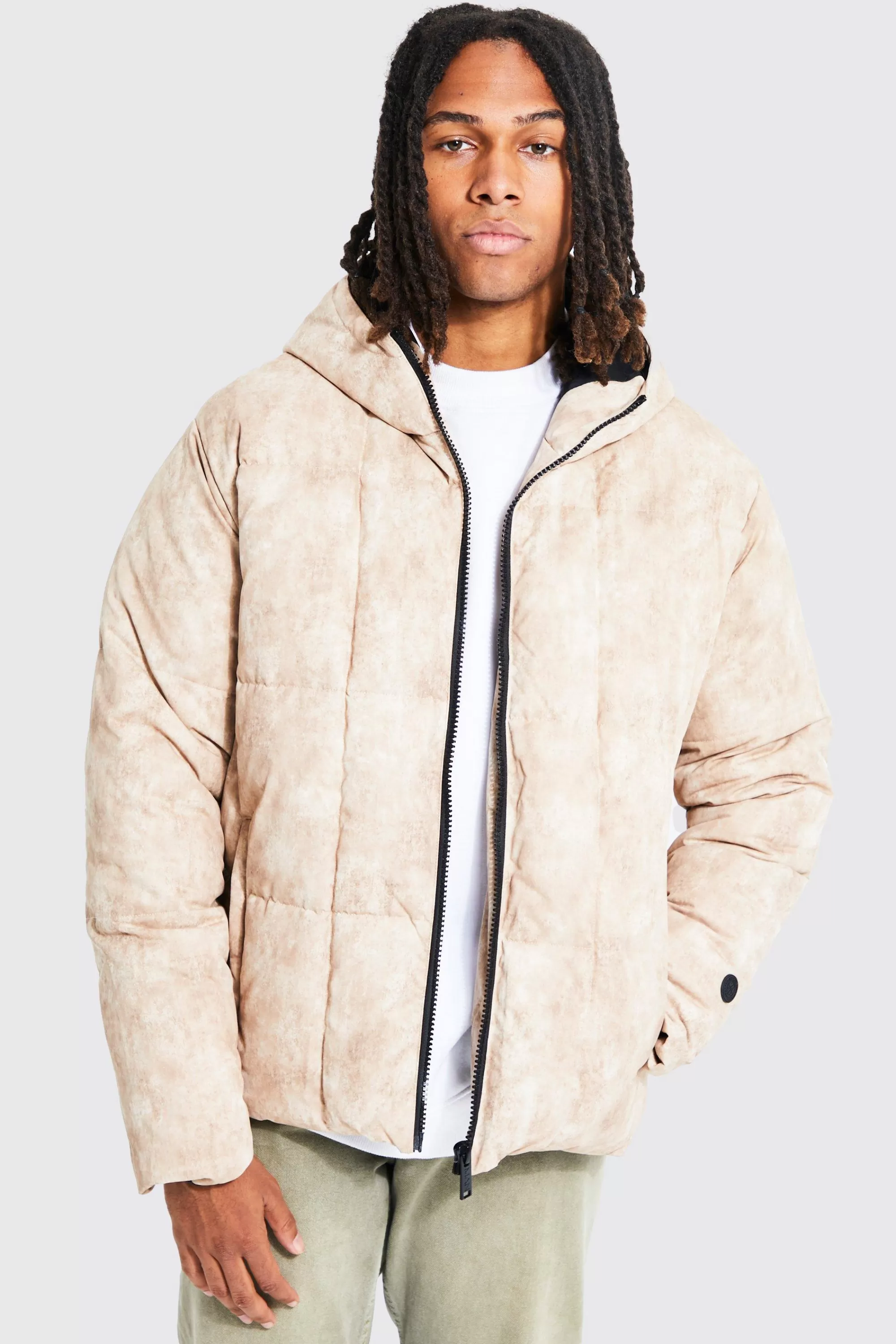 boohooMAN Boxy Tie Dye Square Panel Hooded Puffer | UK