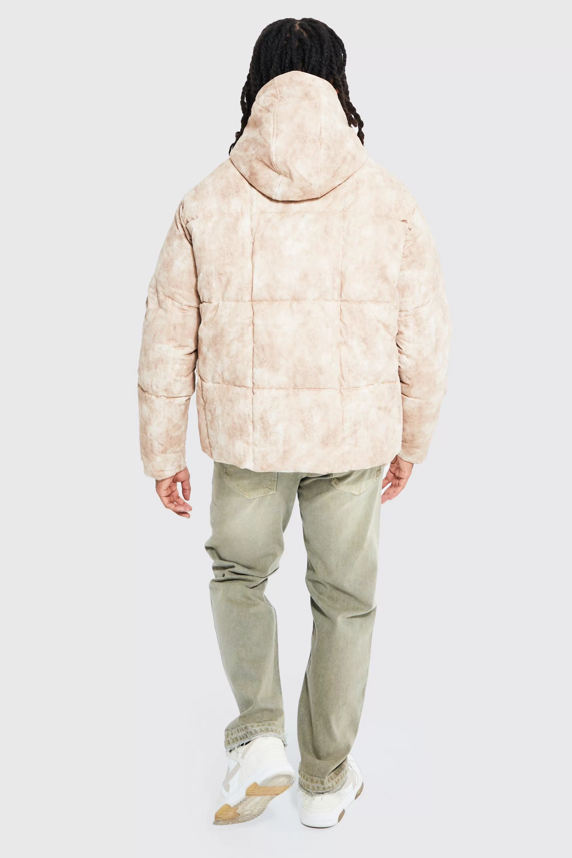boohooMAN Boxy Tie Dye Square Panel Hooded Puffer | UK