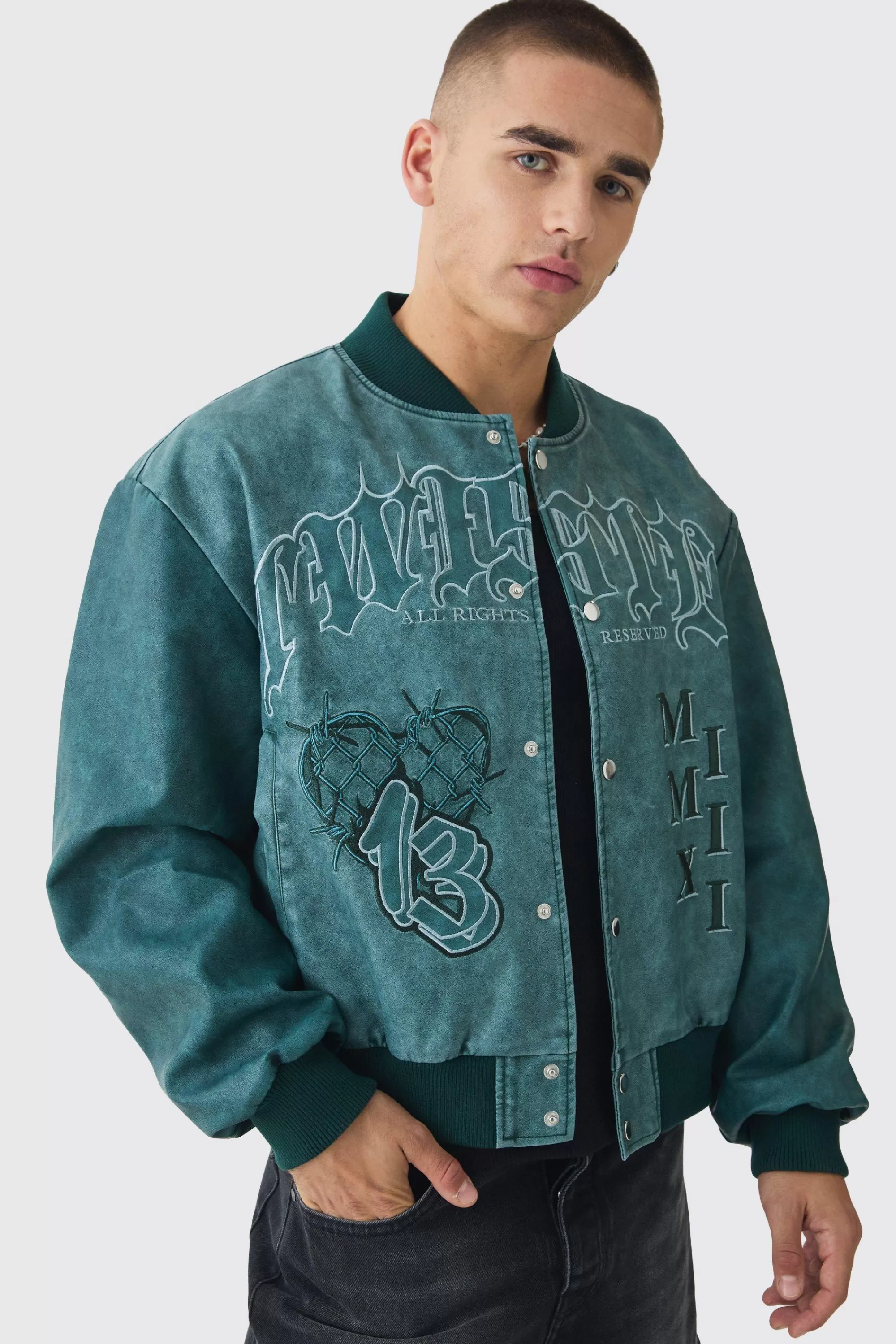 boohooMAN Boxy Tonal Badge Tumbled Pu Varsity Jacket In | UK