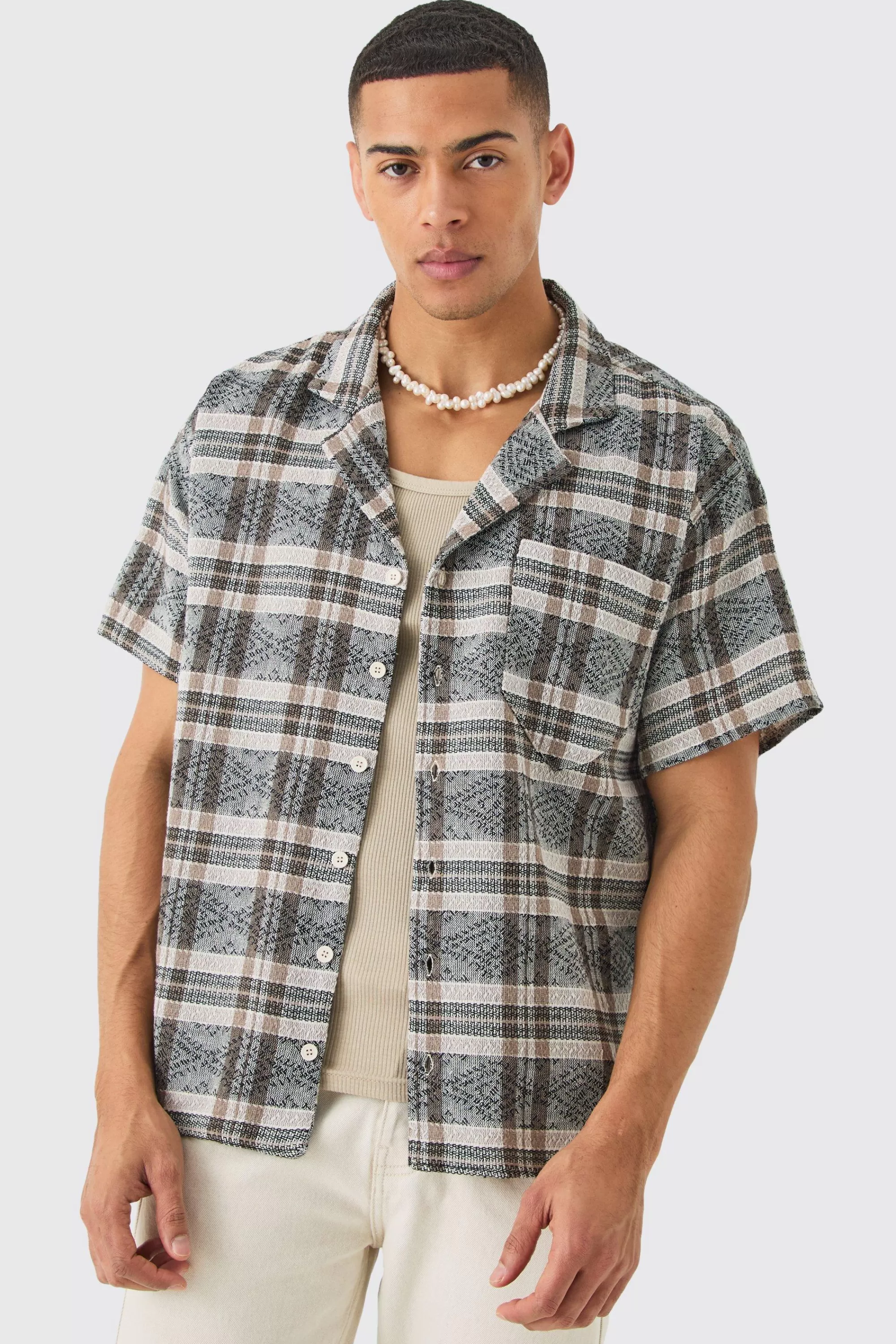 boohooMAN Boxy Tonal Textured Check Shirt | UK