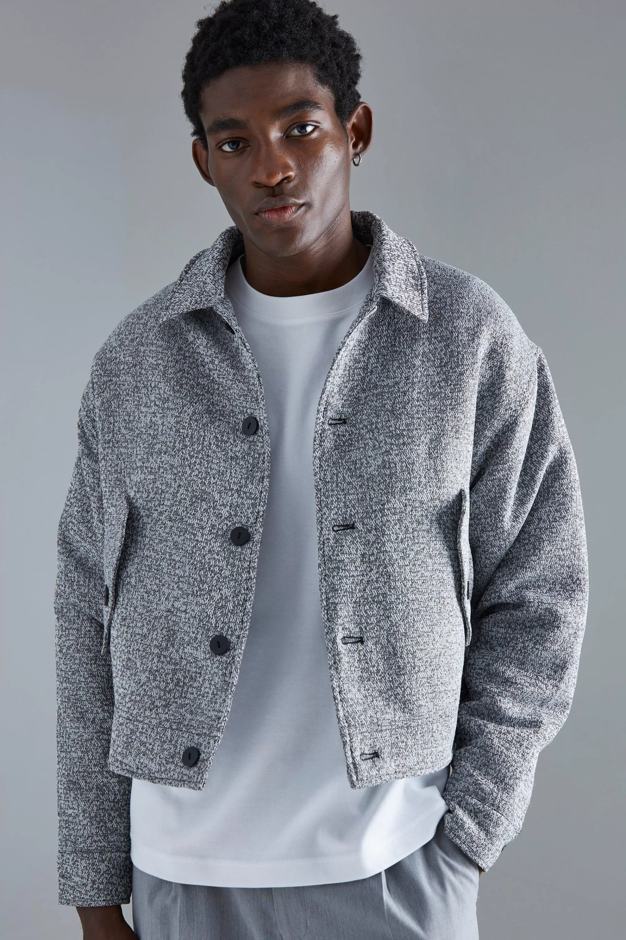 boohooMAN Boxy Tonal Textured Jacquard Harrington | UK