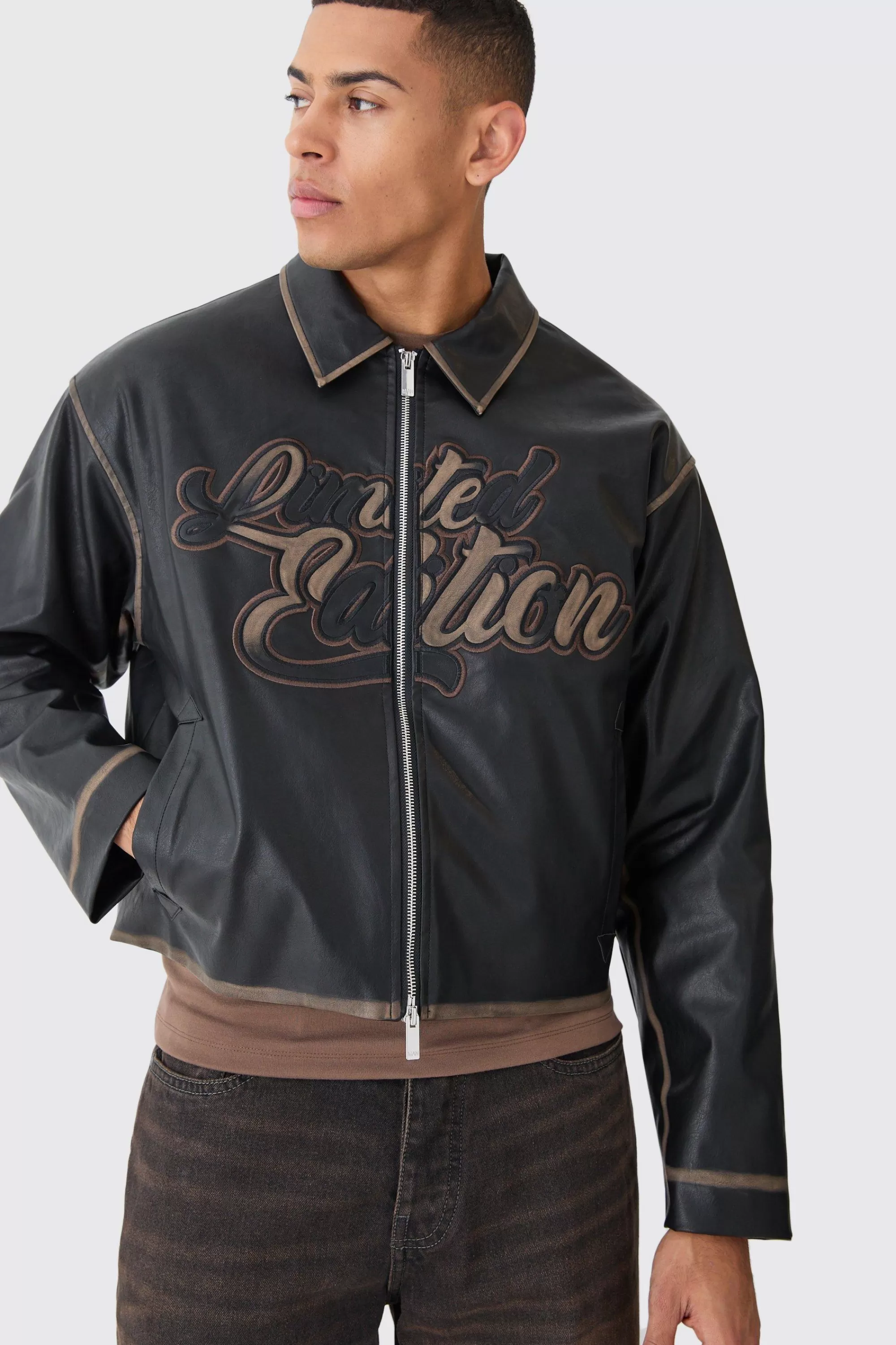 boohooMAN Boxy Tumble Pu Applique Bomber | UK