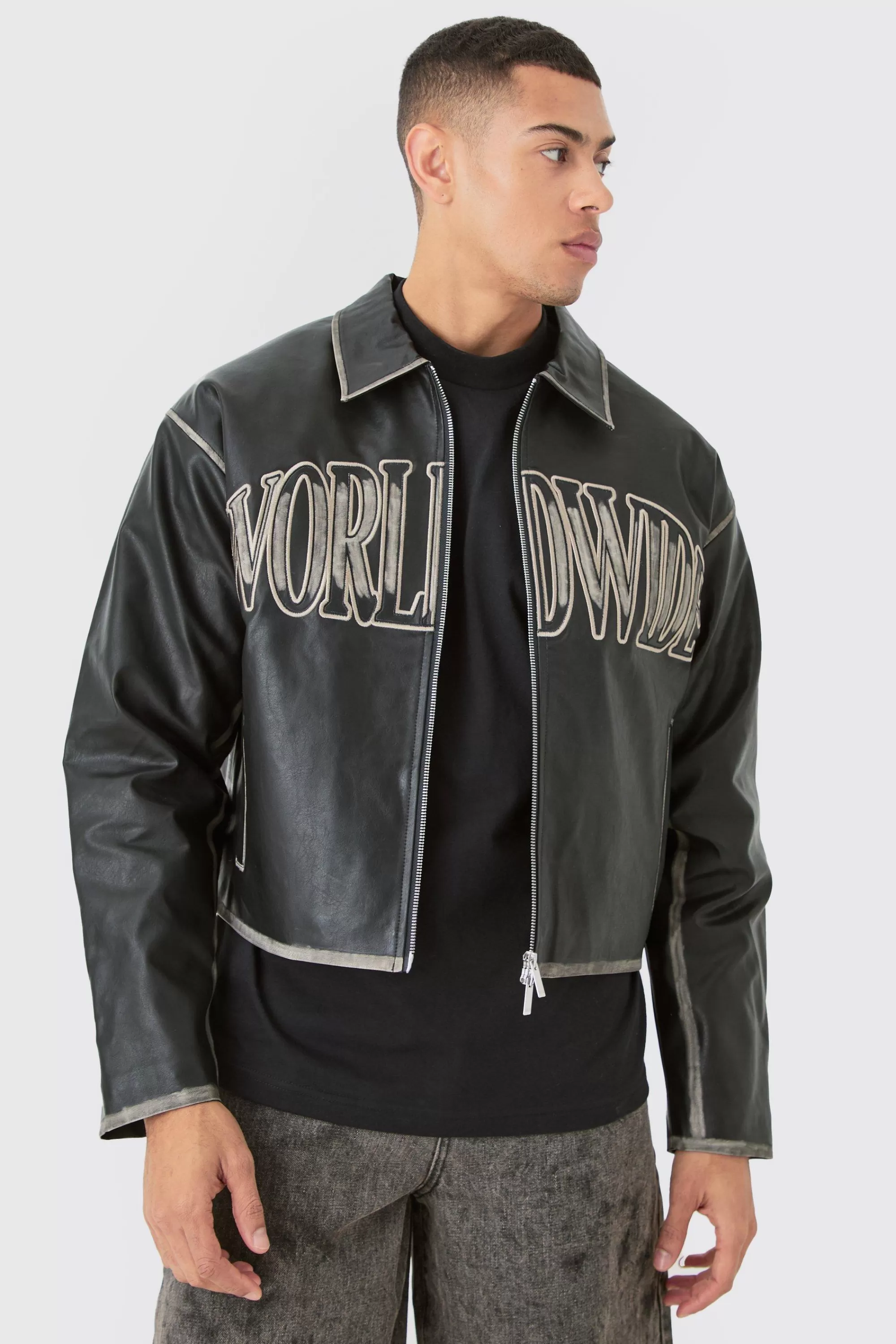 boohooMAN Boxy Tumble Pu Applique Harrington Jacket In | UK