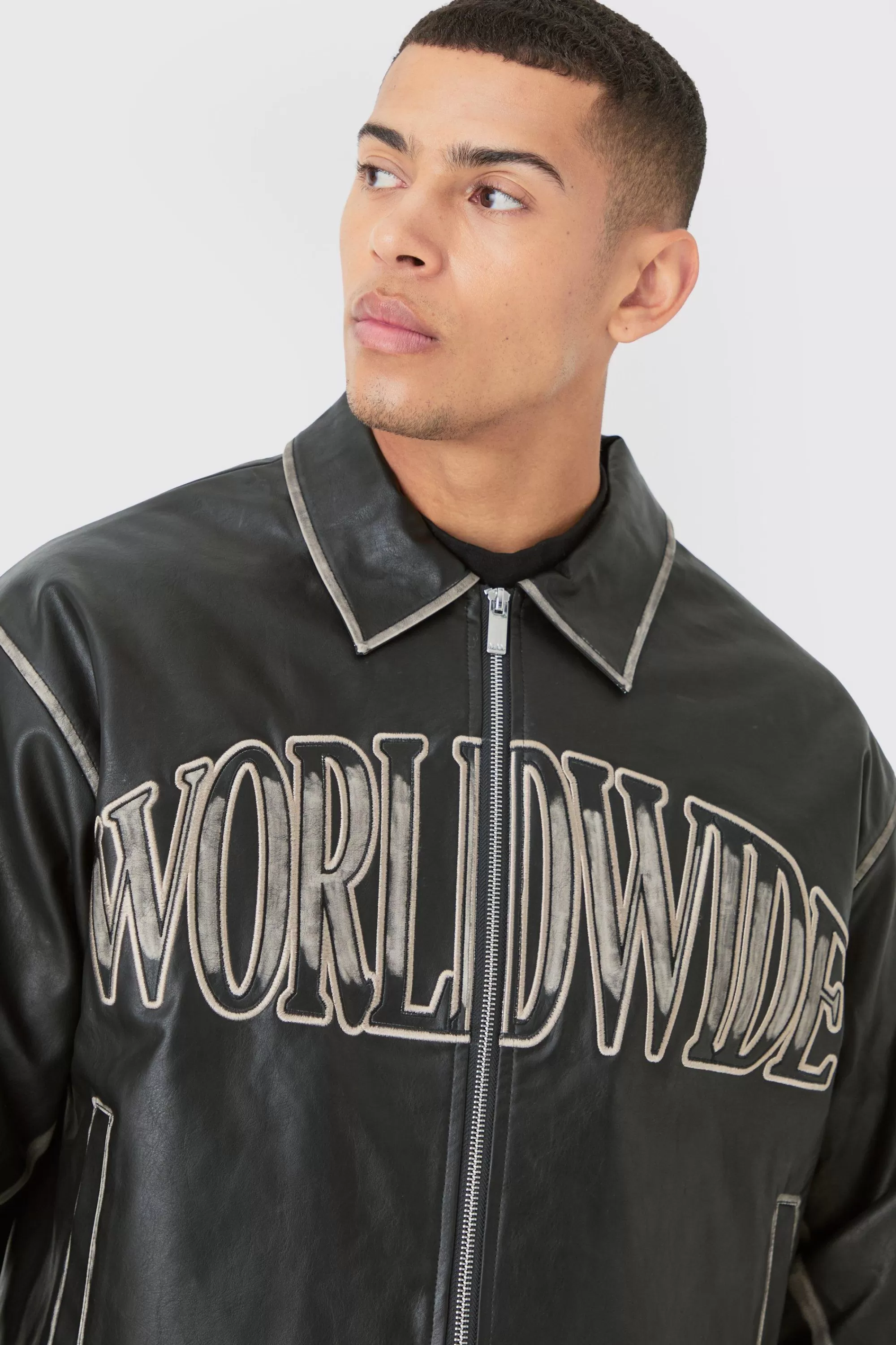 boohooMAN Boxy Tumble Pu Applique Harrington Jacket In | UK