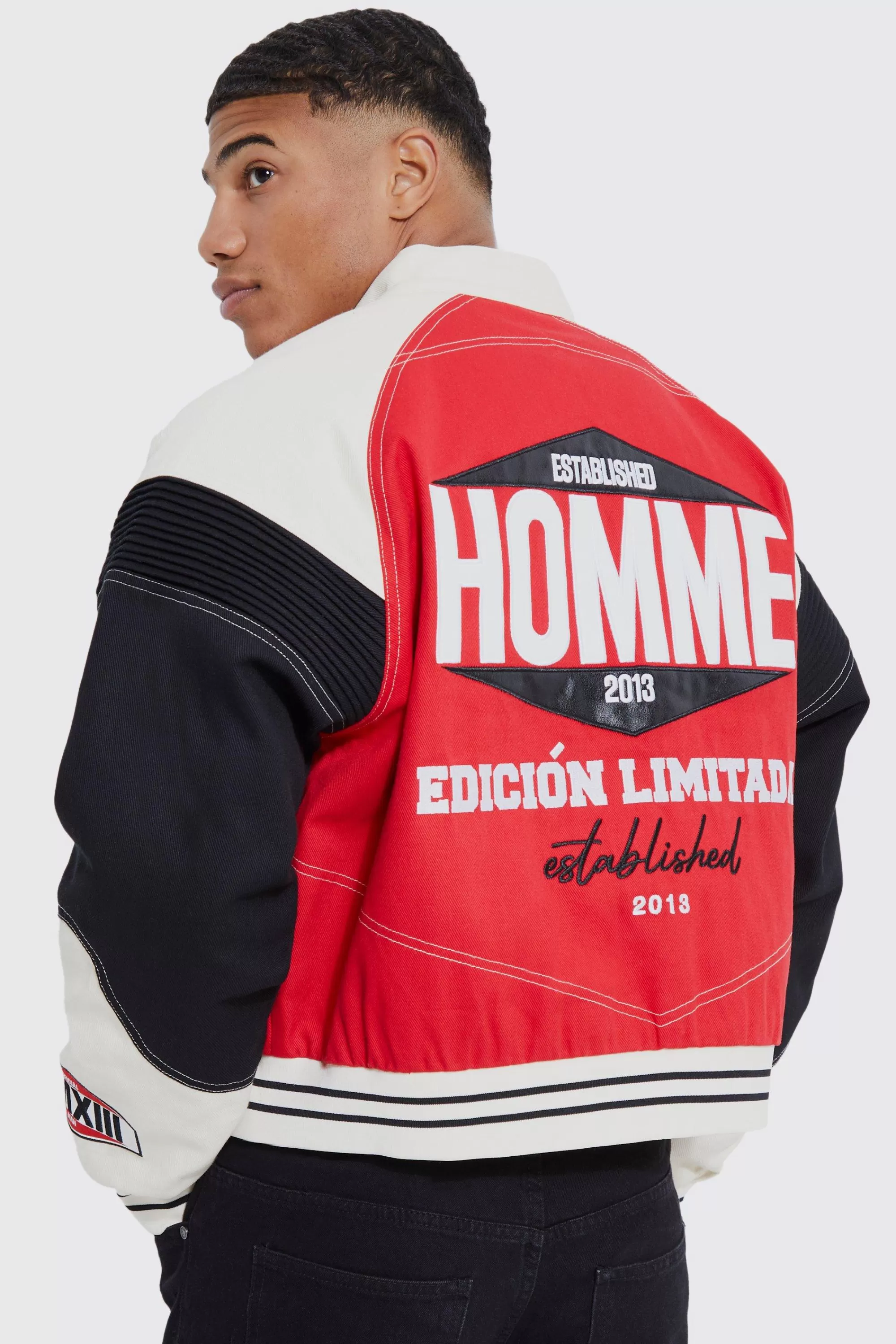 boohooMAN Boxy Twill Biker Panel Moto Jacket | UK