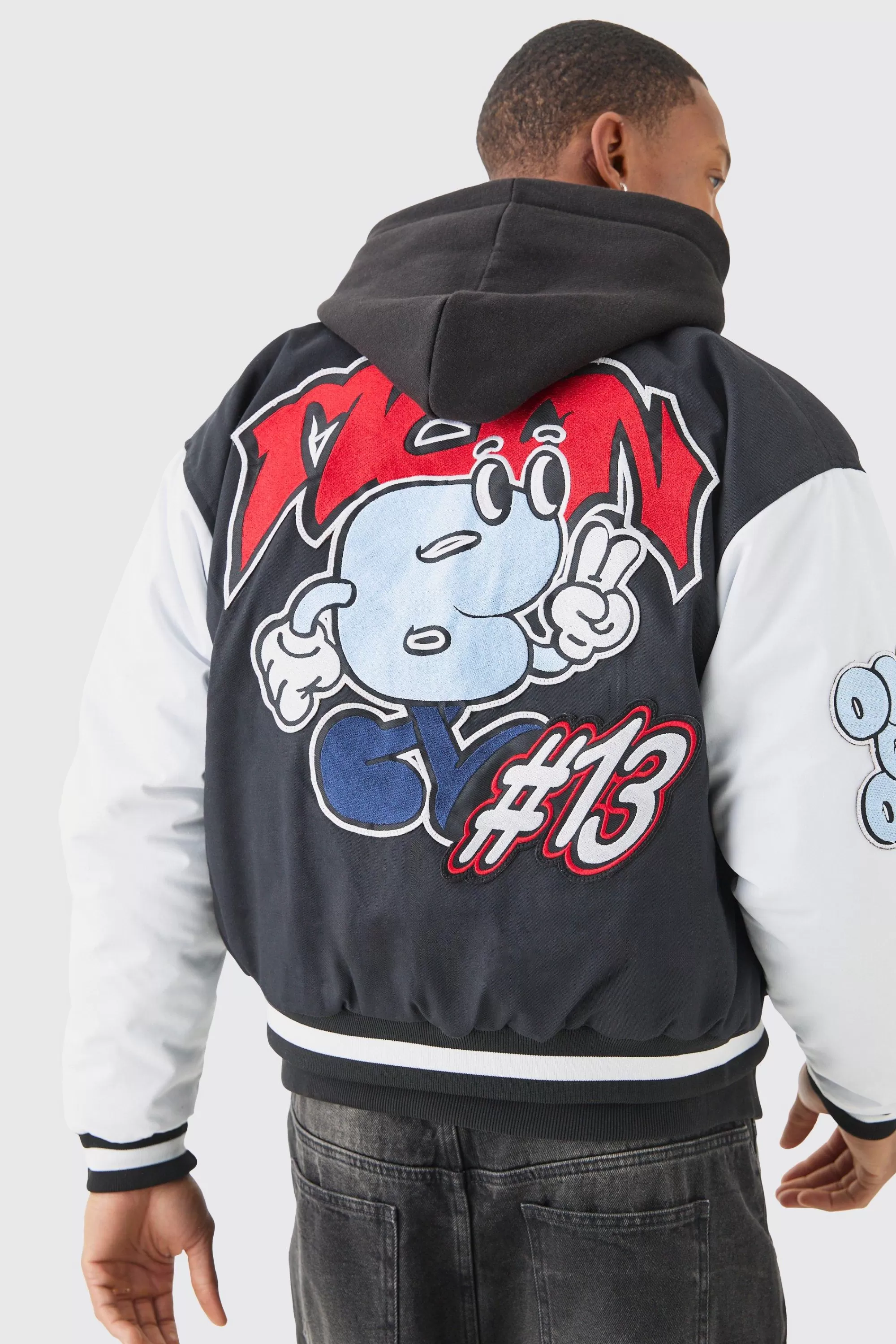 boohooMAN Boxy Twill Embroidered Collared Varsity Jacket In | UK