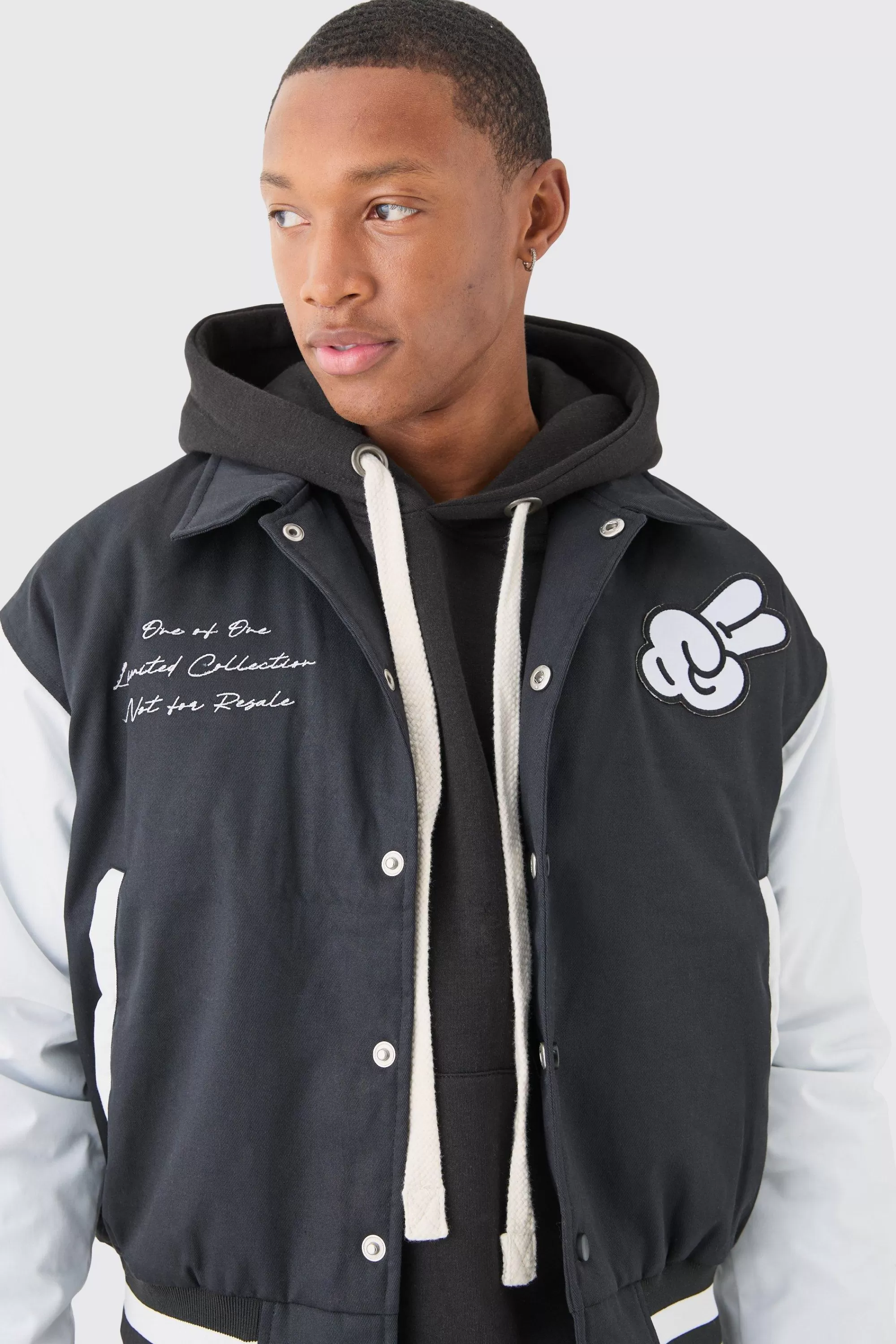 boohooMAN Boxy Twill Embroidered Collared Varsity Jacket In | UK
