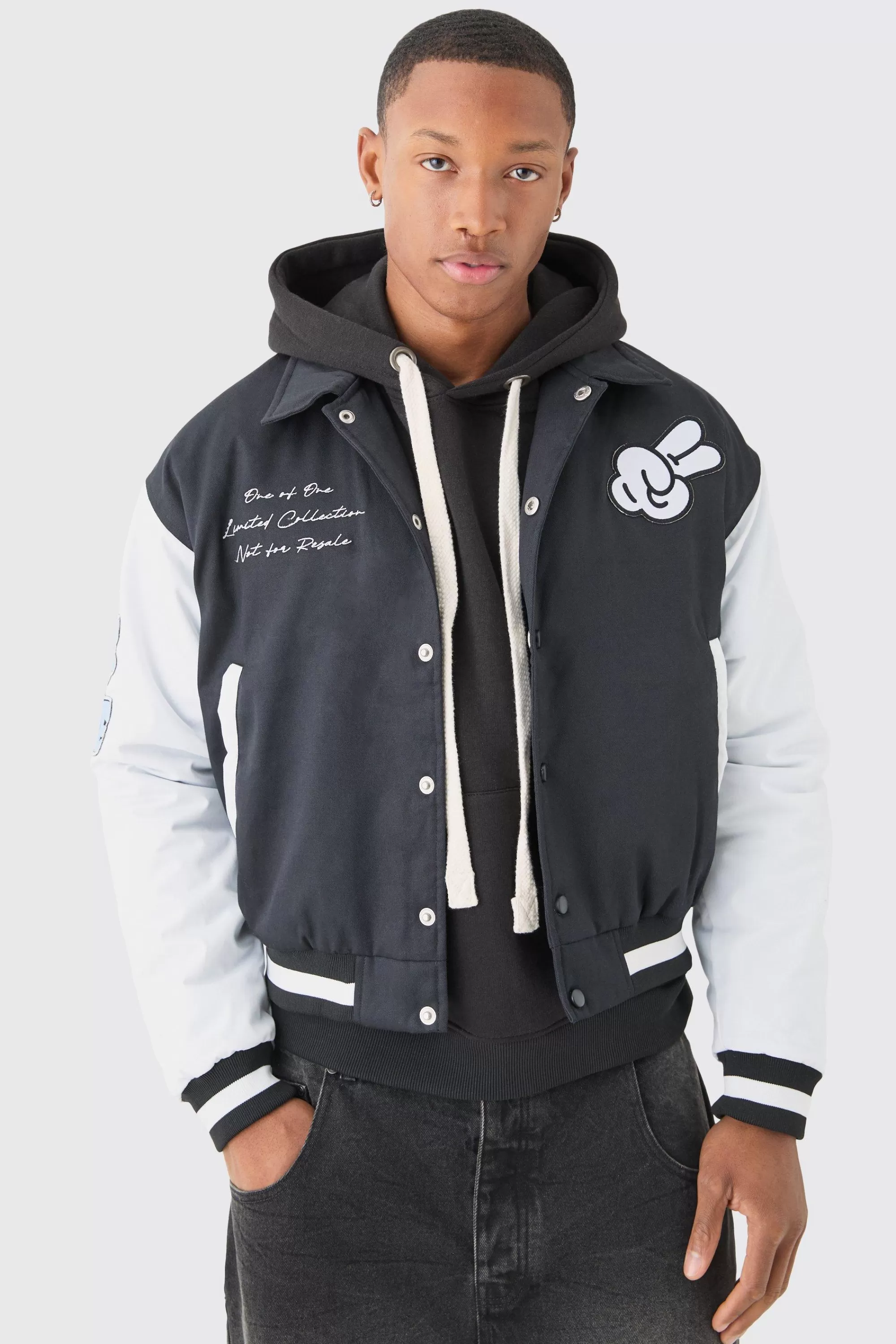 boohooMAN Boxy Twill Embroidered Collared Varsity Jacket In | UK