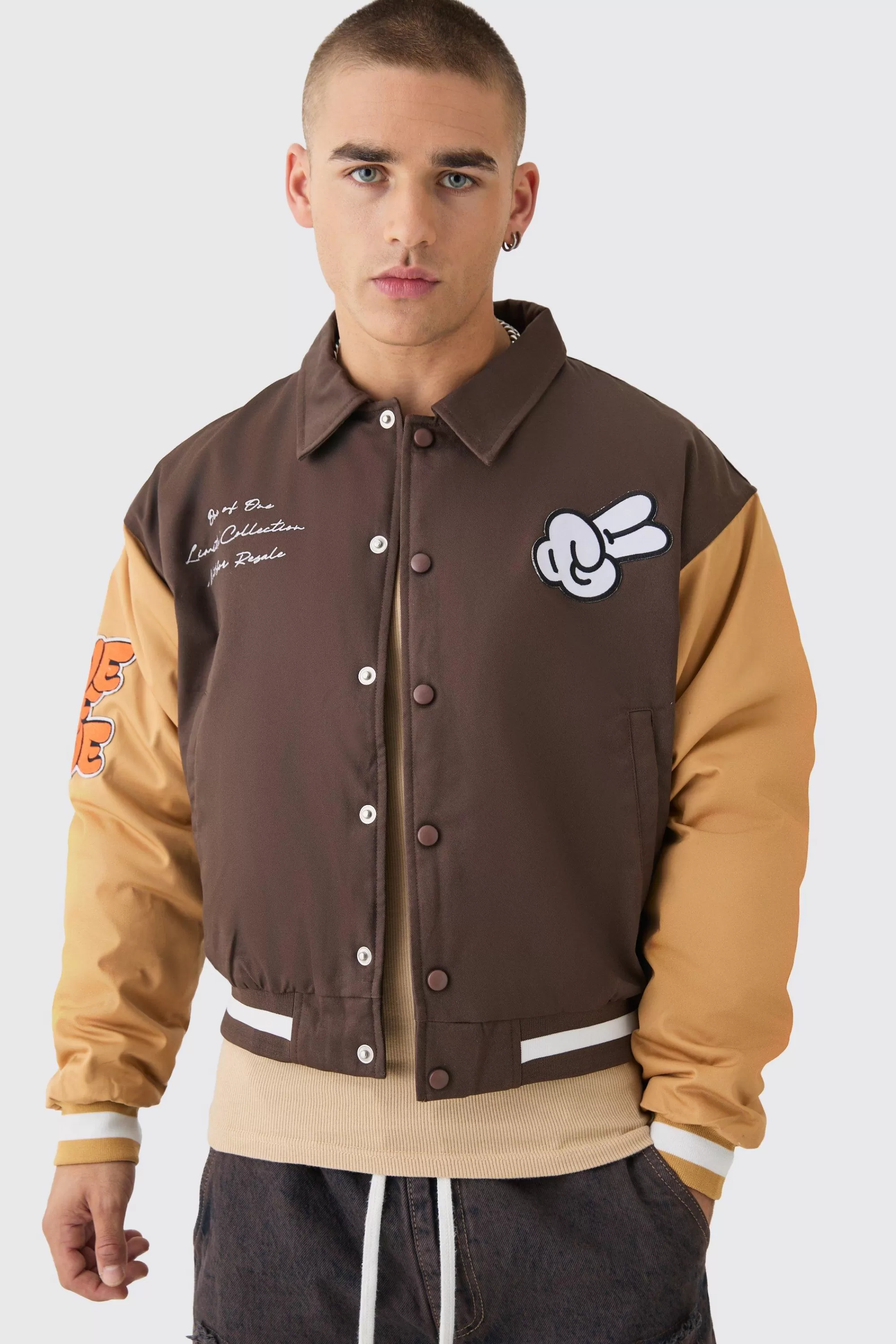 boohooMAN Boxy Twill Embroidered Collared Varsity Jacket In | UK