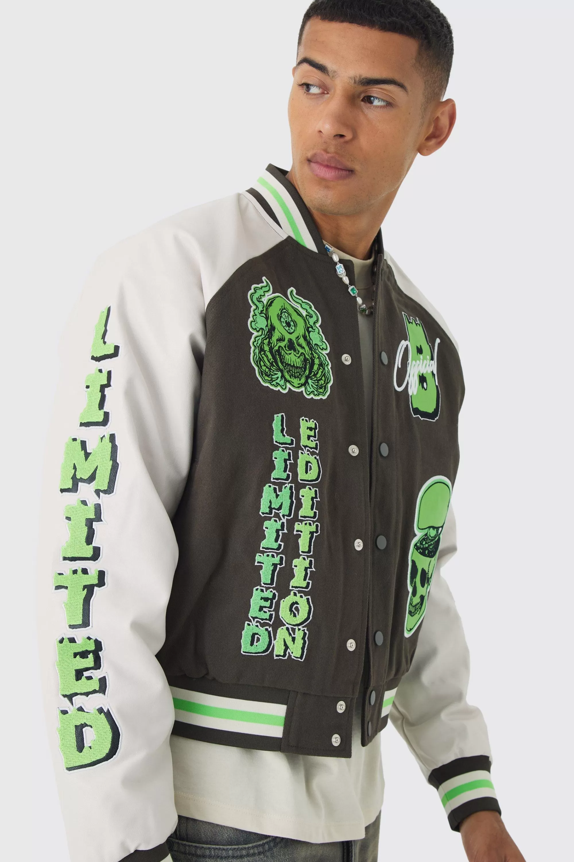 boohooMAN Boxy Twill Limited Badge PU Sleeve Varsity Jacket In | UK