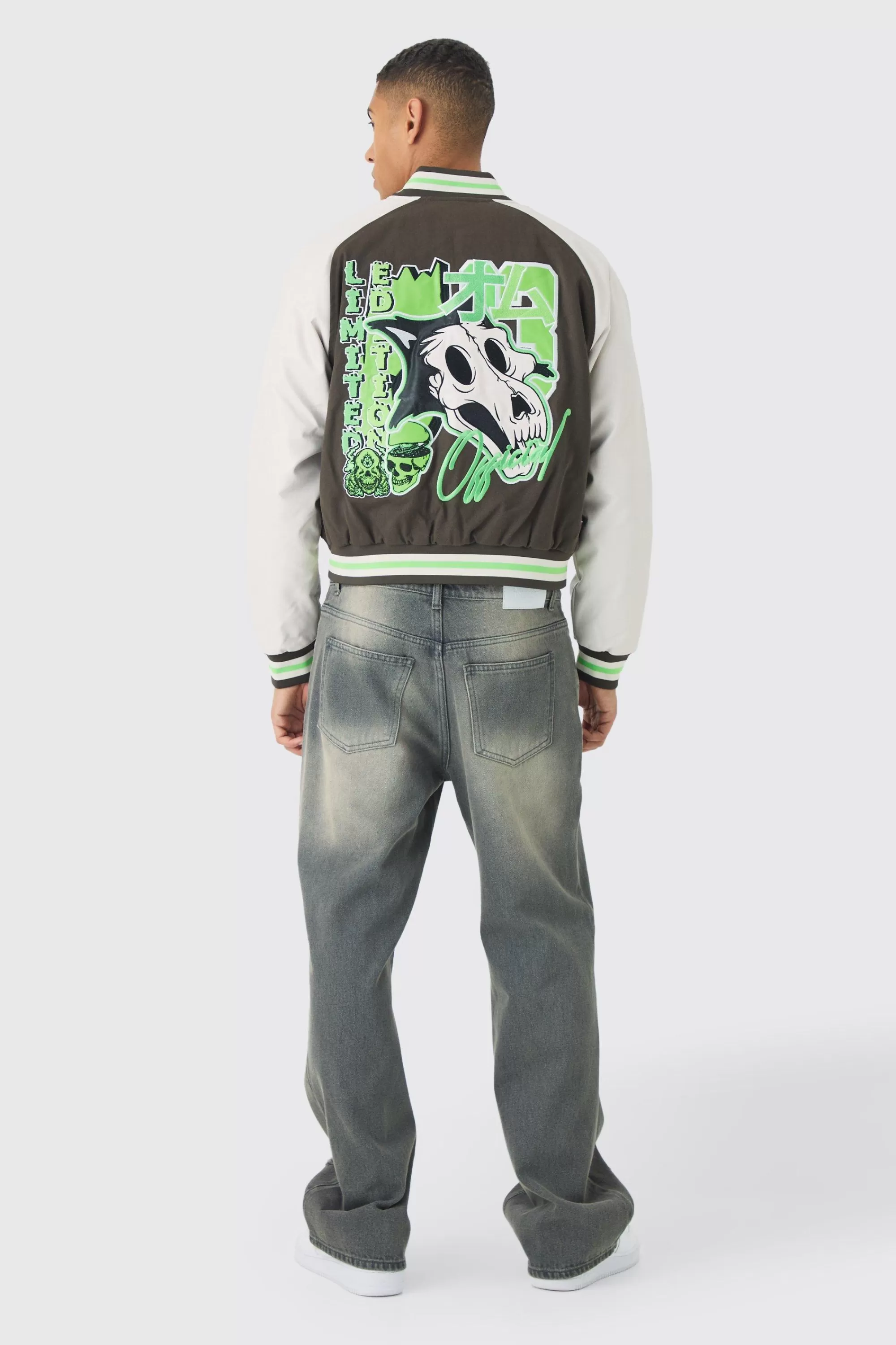 boohooMAN Boxy Twill Limited Badge PU Sleeve Varsity Jacket In | UK