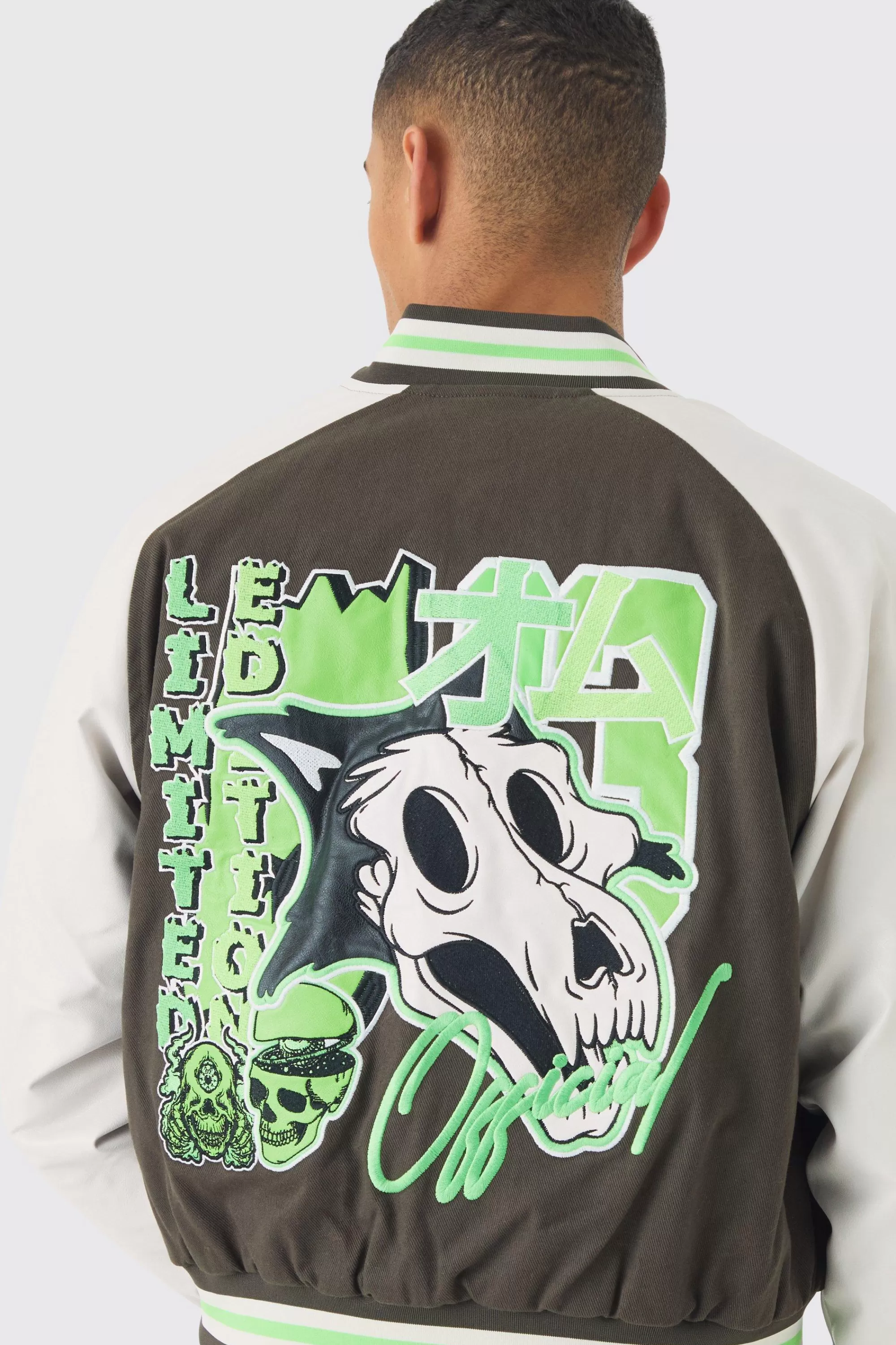 boohooMAN Boxy Twill Limited Badge PU Sleeve Varsity Jacket In | UK
