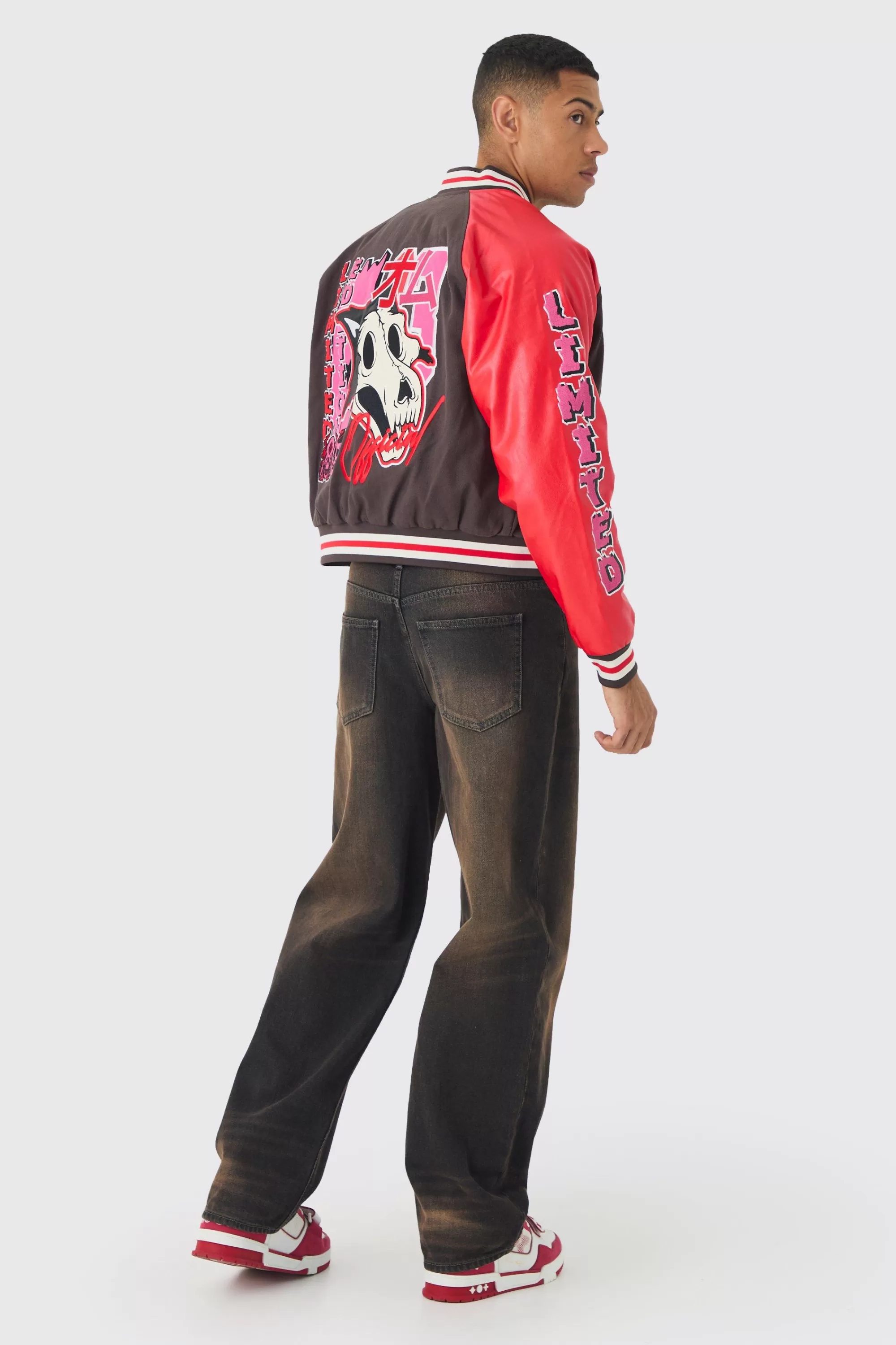 boohooMAN Boxy Twill Limited Badge Pu Sleeve Varsity Jacket In | UK