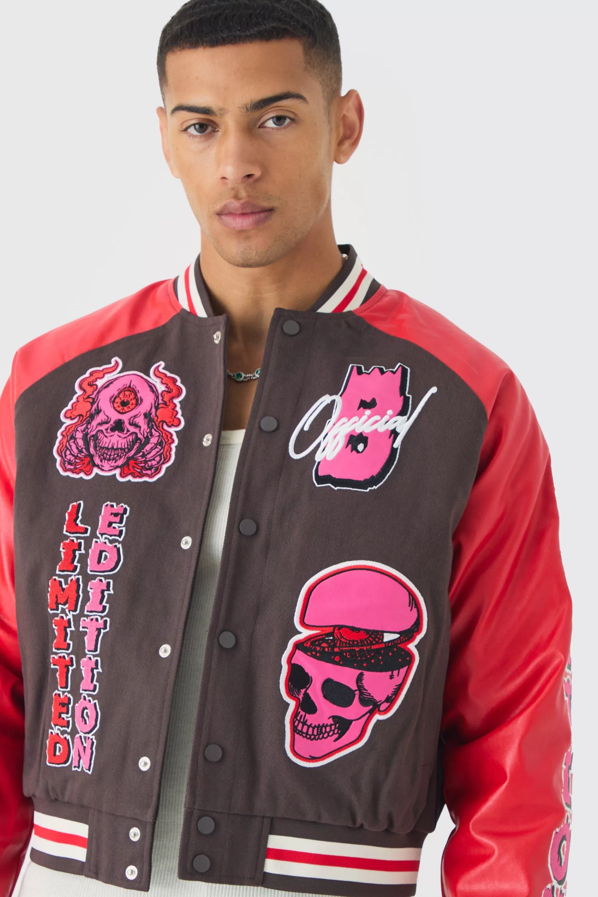 boohooMAN Boxy Twill Limited Badge Pu Sleeve Varsity Jacket In | UK