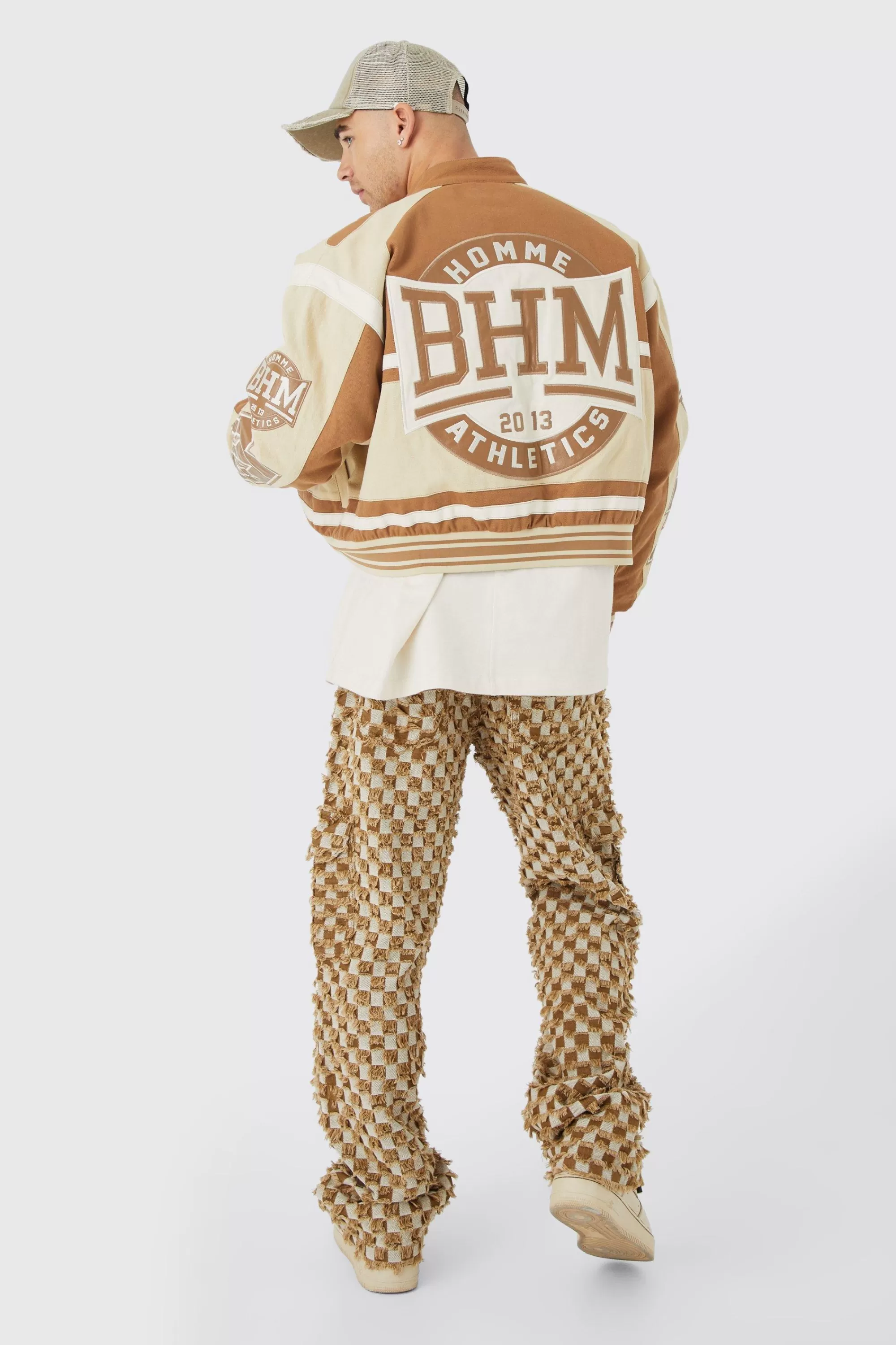 boohooMAN Boxy Twill Multi Badge Moto Jacket | UK