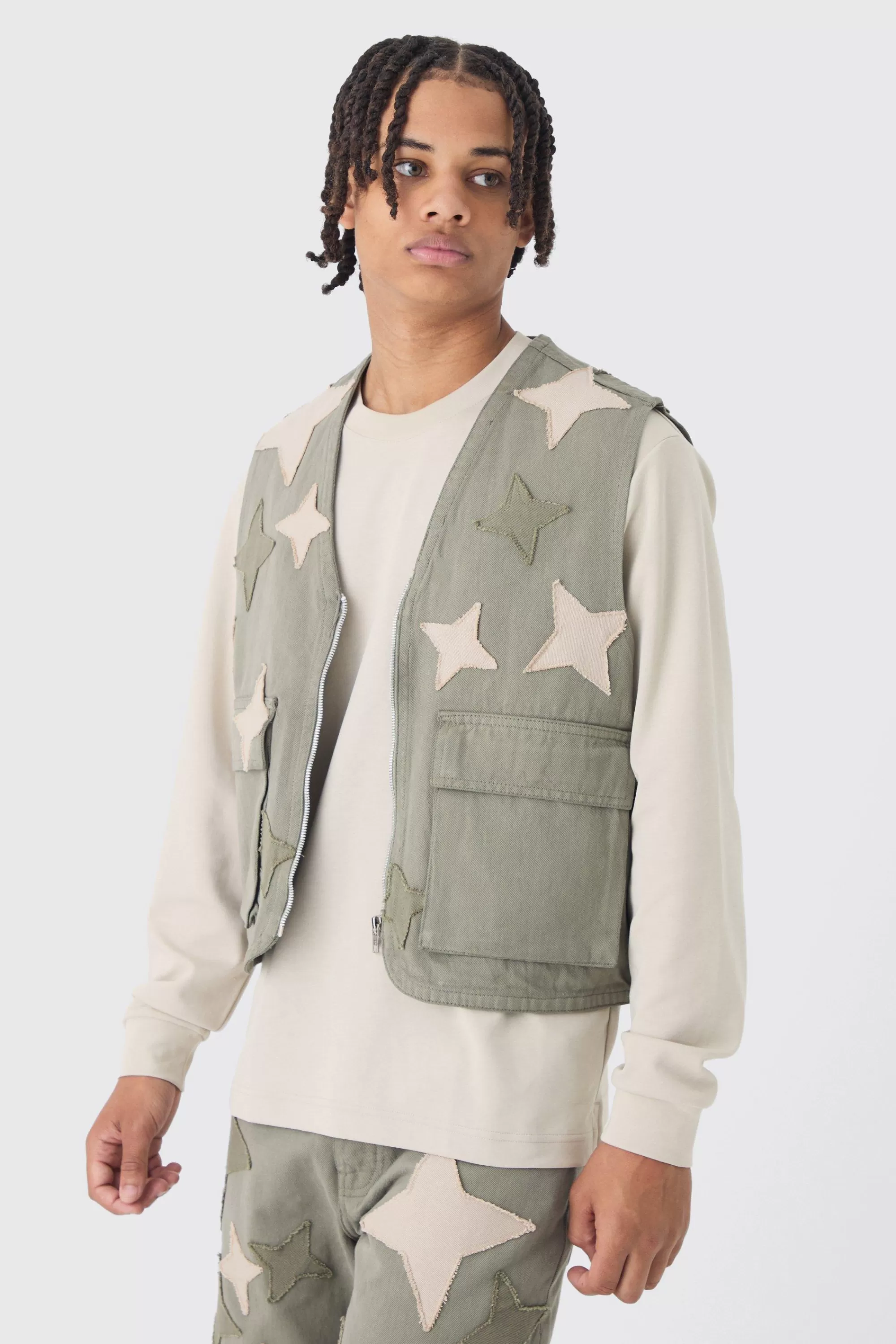boohooMAN Boxy Utility Star Patchwork Applique Vest | UK