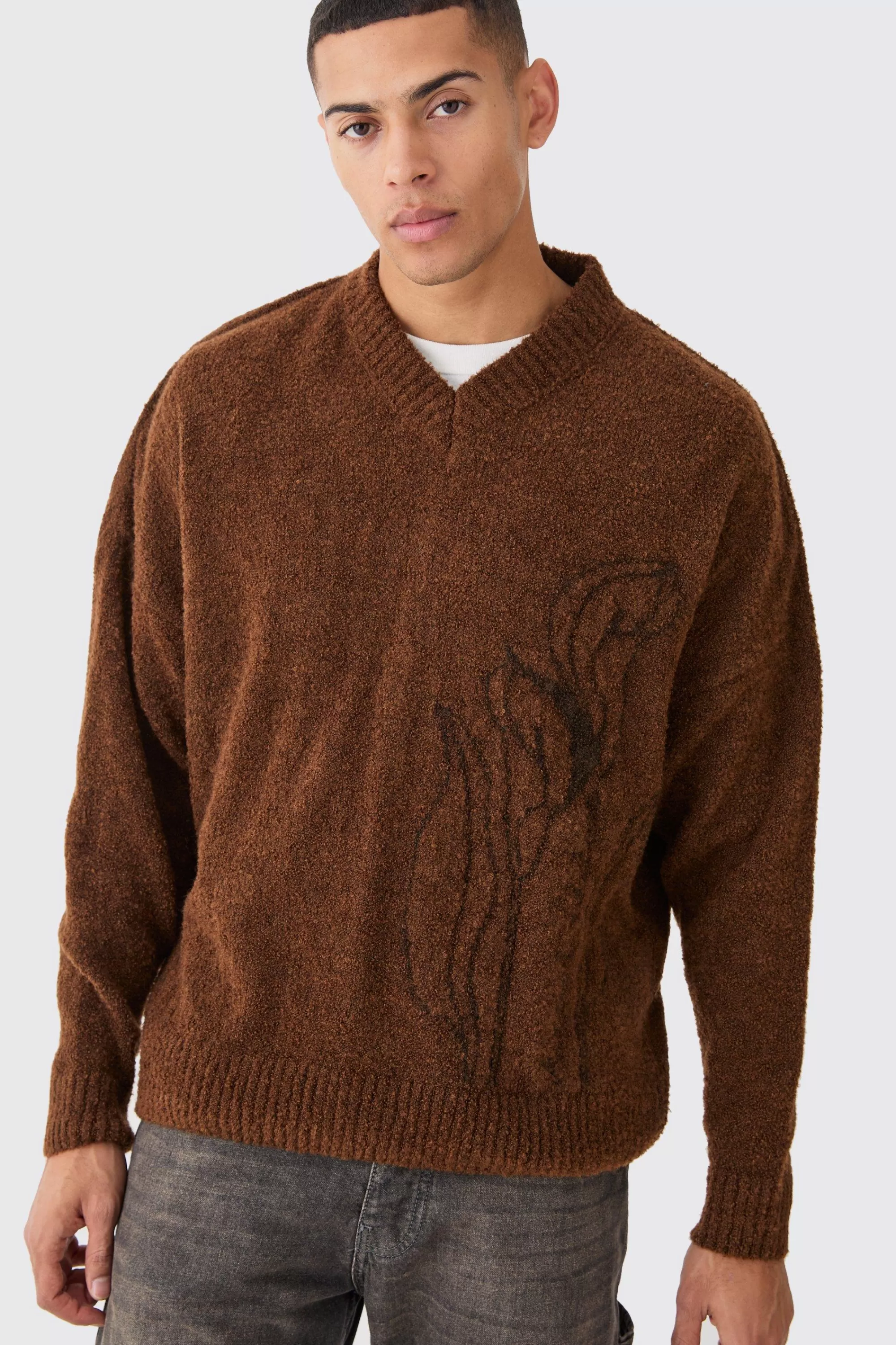 boohooMAN Boxy V Neck Boucle Textured Knit Jumper | UK