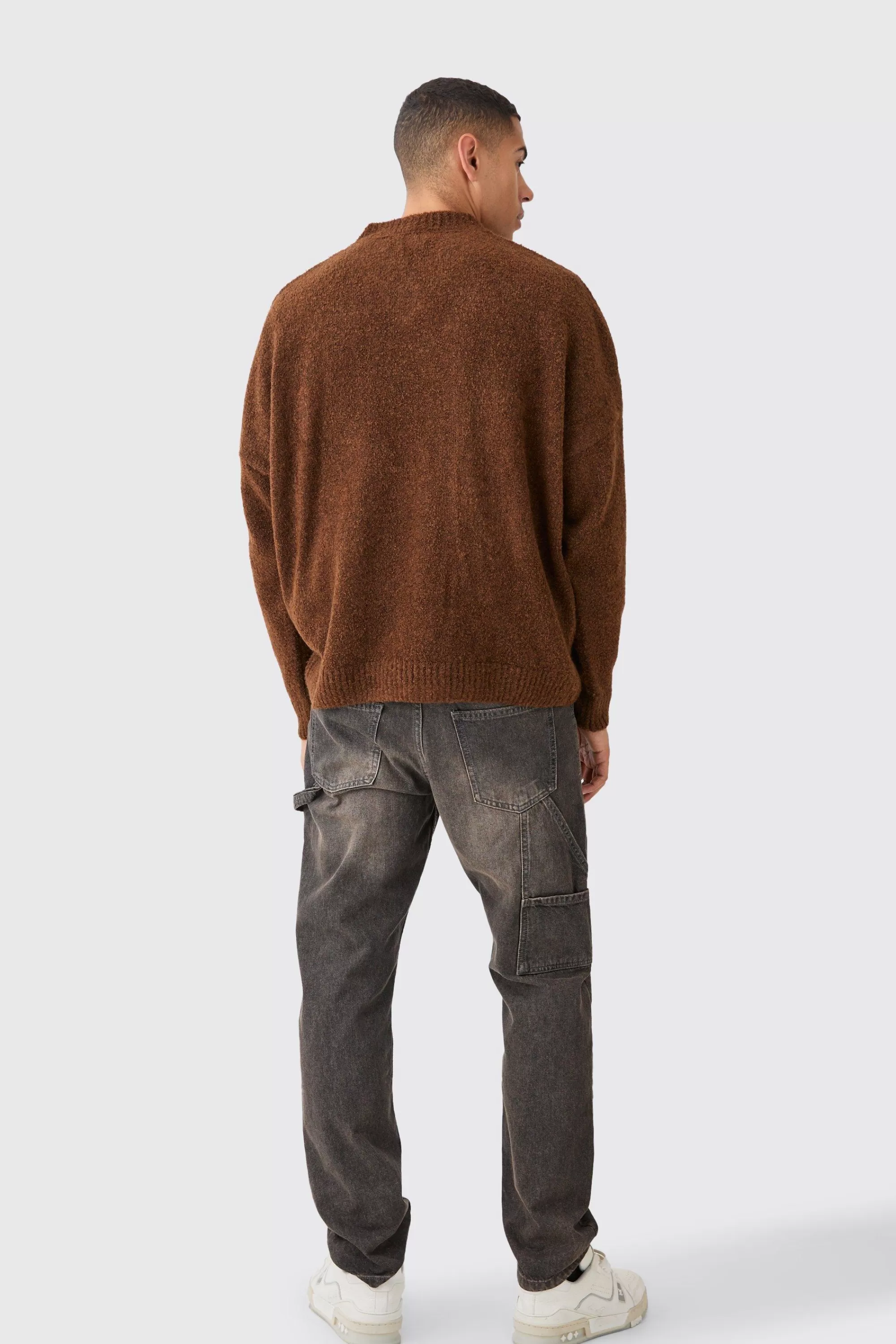 boohooMAN Boxy V Neck Boucle Textured Knit Jumper | UK