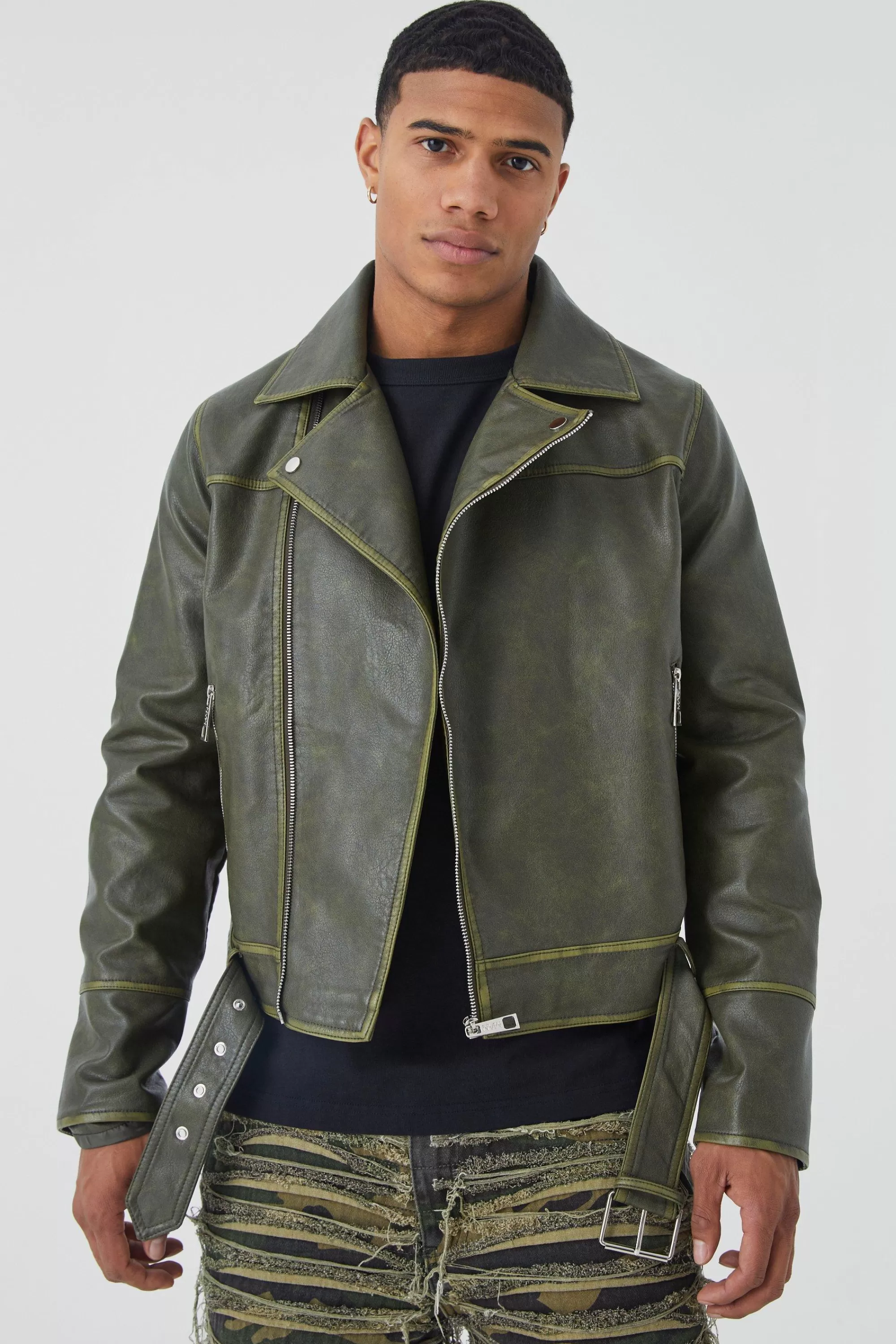 boohooMAN Boxy Vintage Pu Biker Jacket | UK