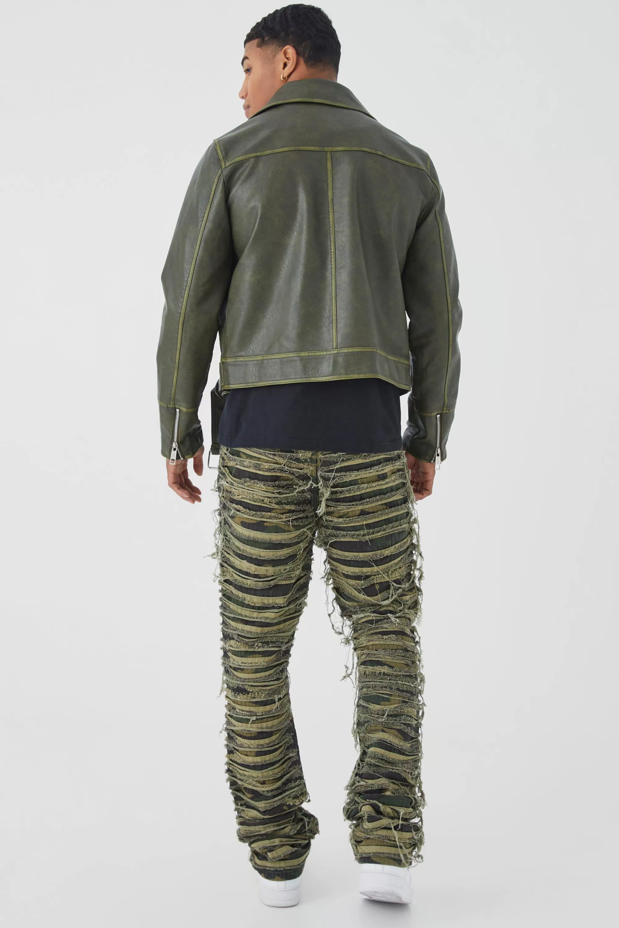 boohooMAN Boxy Vintage Pu Biker Jacket | UK