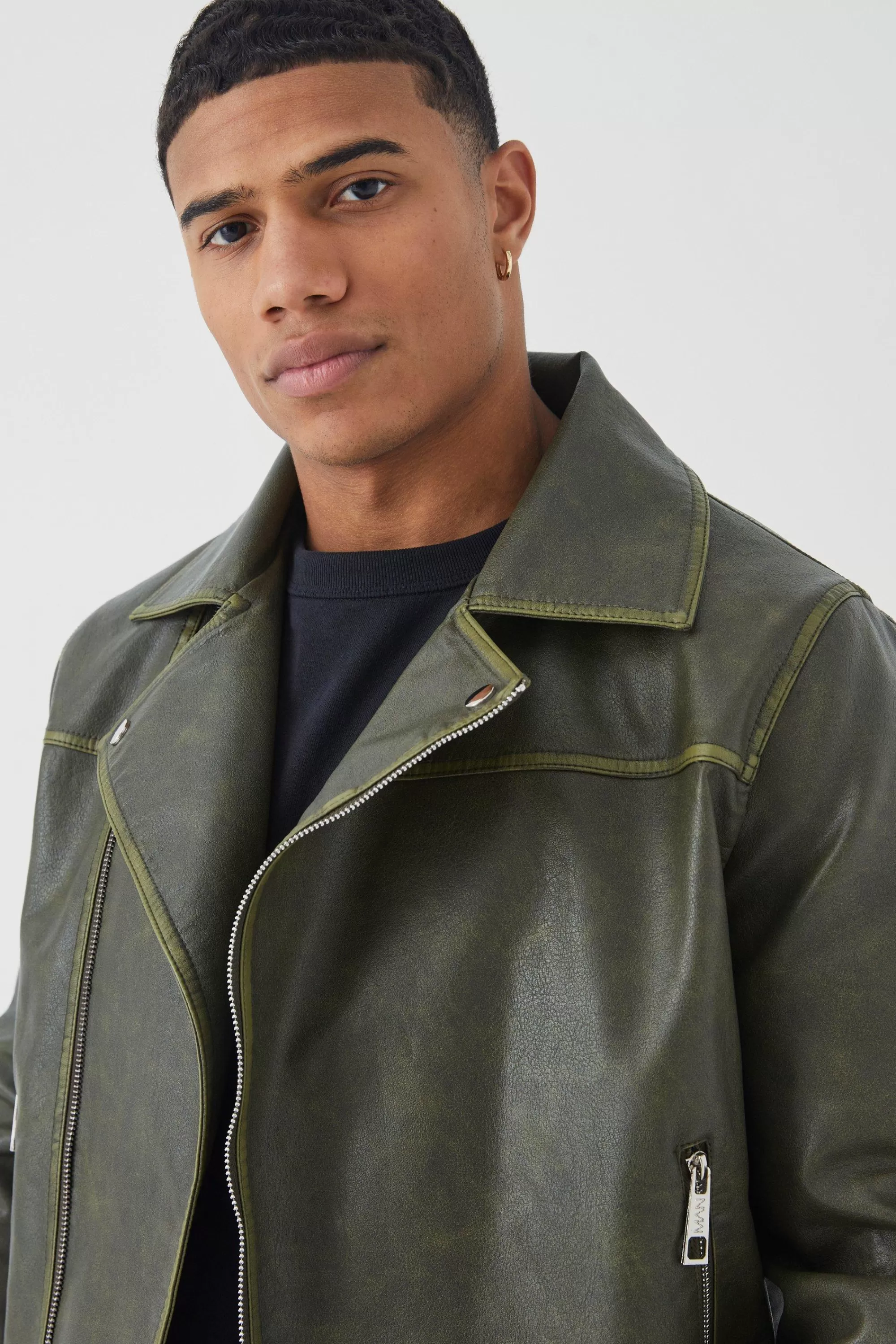 boohooMAN Boxy Vintage Pu Biker Jacket | UK