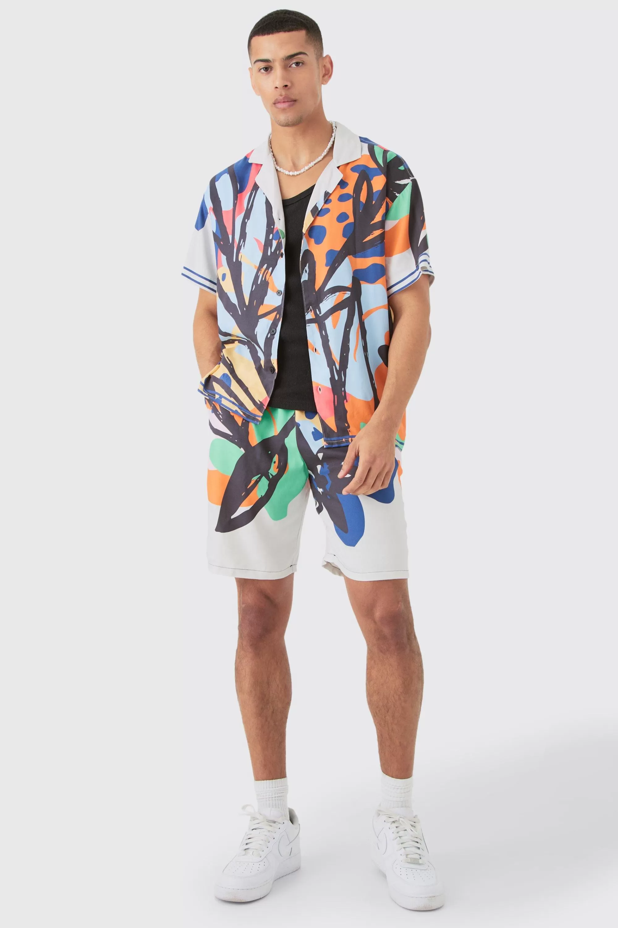 boohooMAN Boxy Viscose Abstract Flower Shirt & Short Set | UK