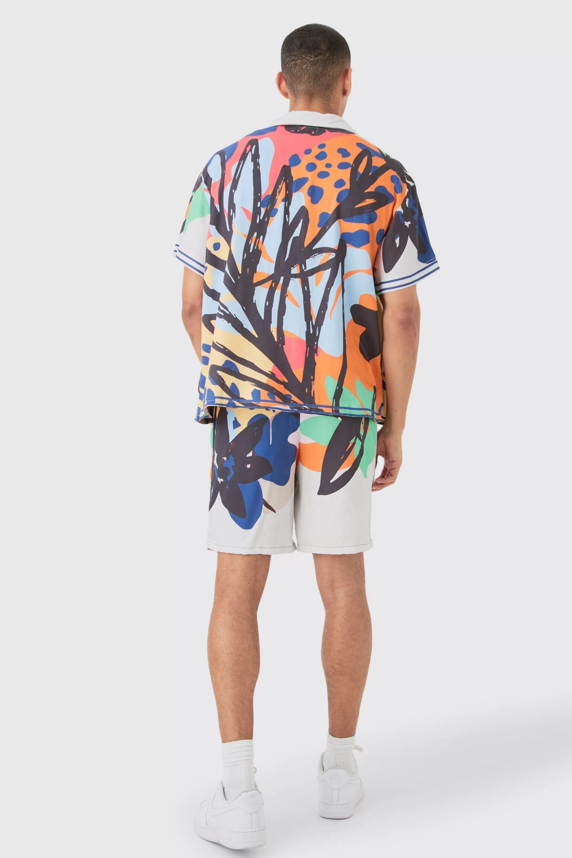 boohooMAN Boxy Viscose Abstract Flower Shirt & Short Set | UK