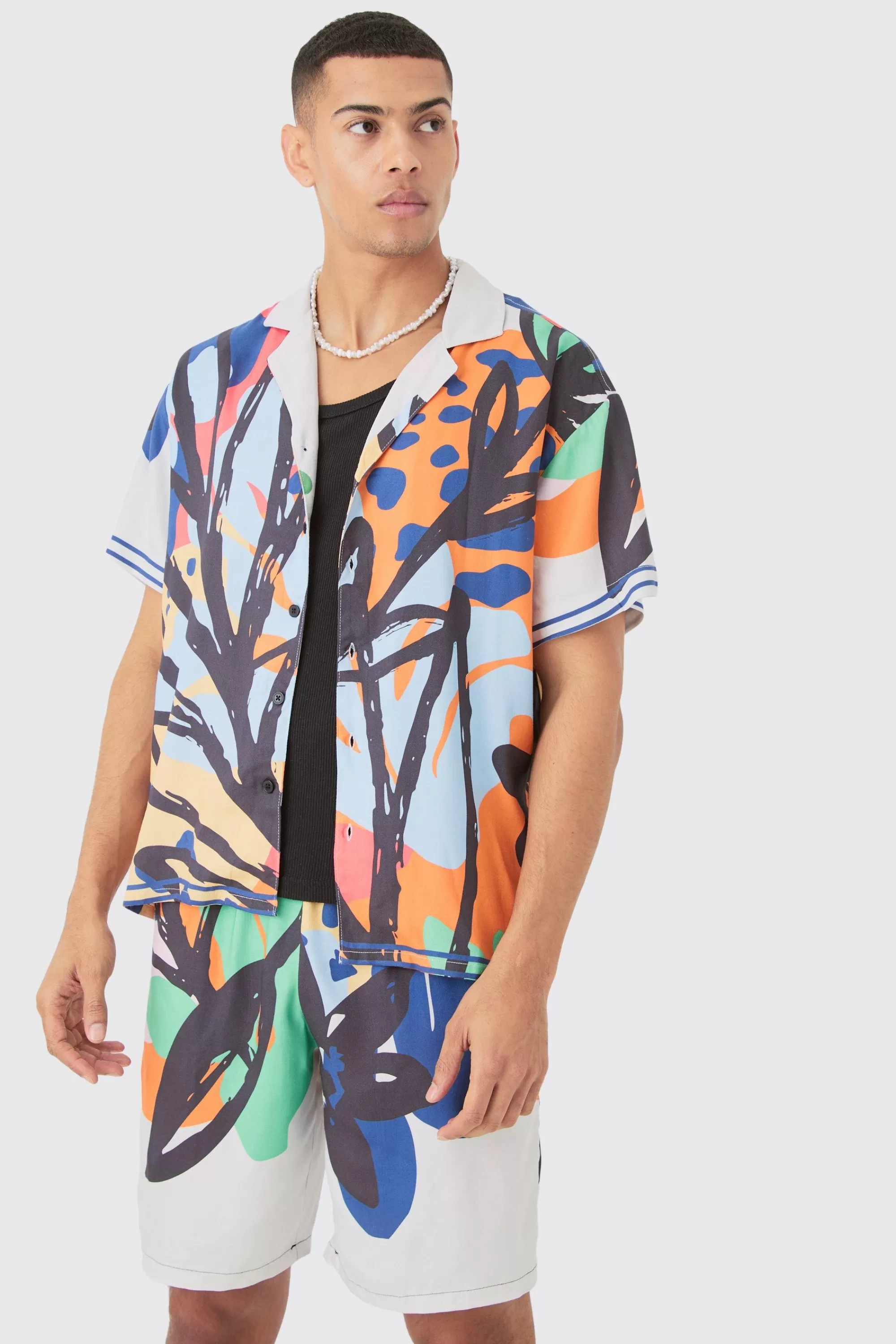 boohooMAN Boxy Viscose Abstract Flower Shirt & Short Set | UK
