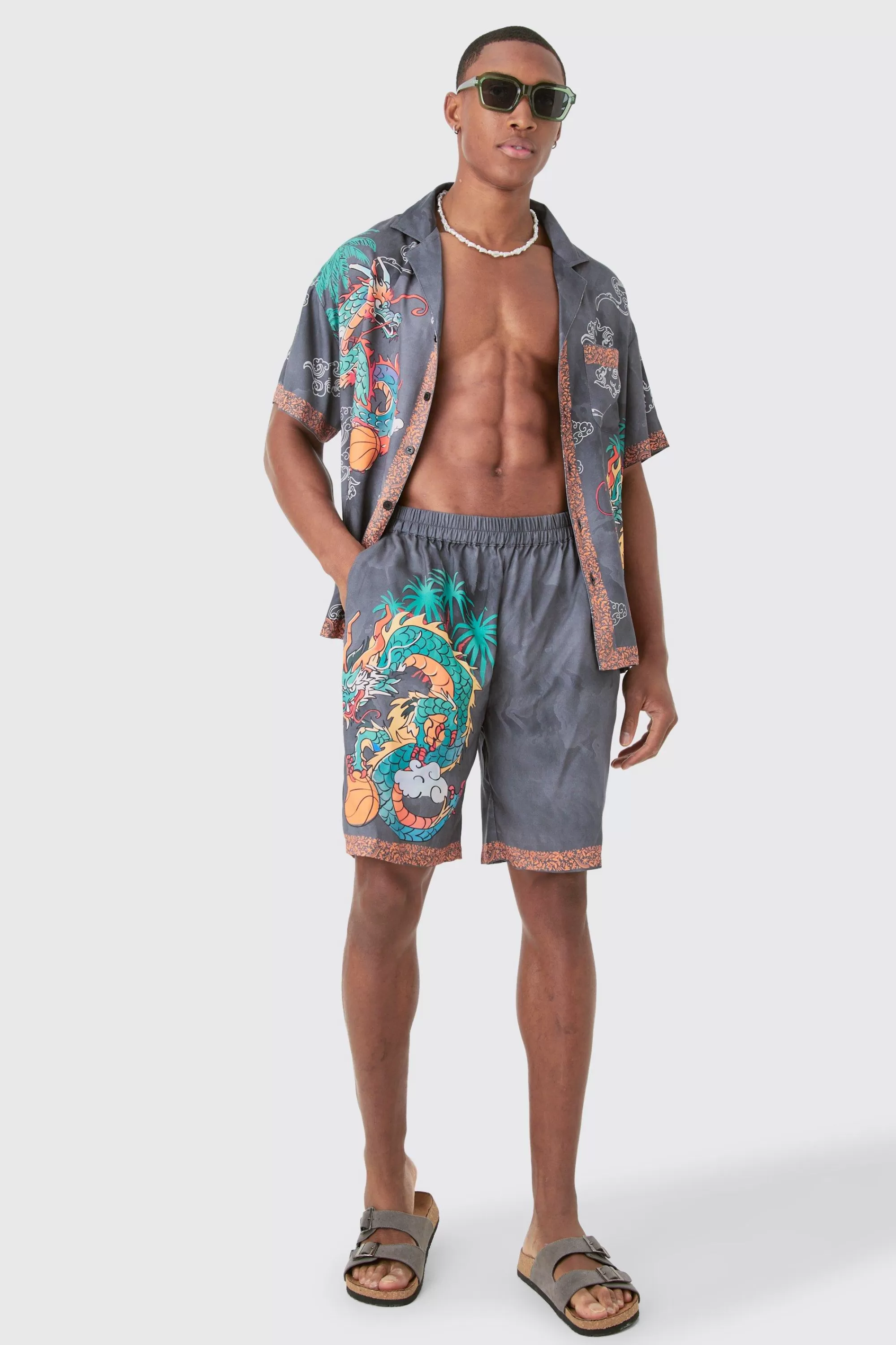 boohooMAN Boxy Viscose Dragon Shirt & Short Set | UK