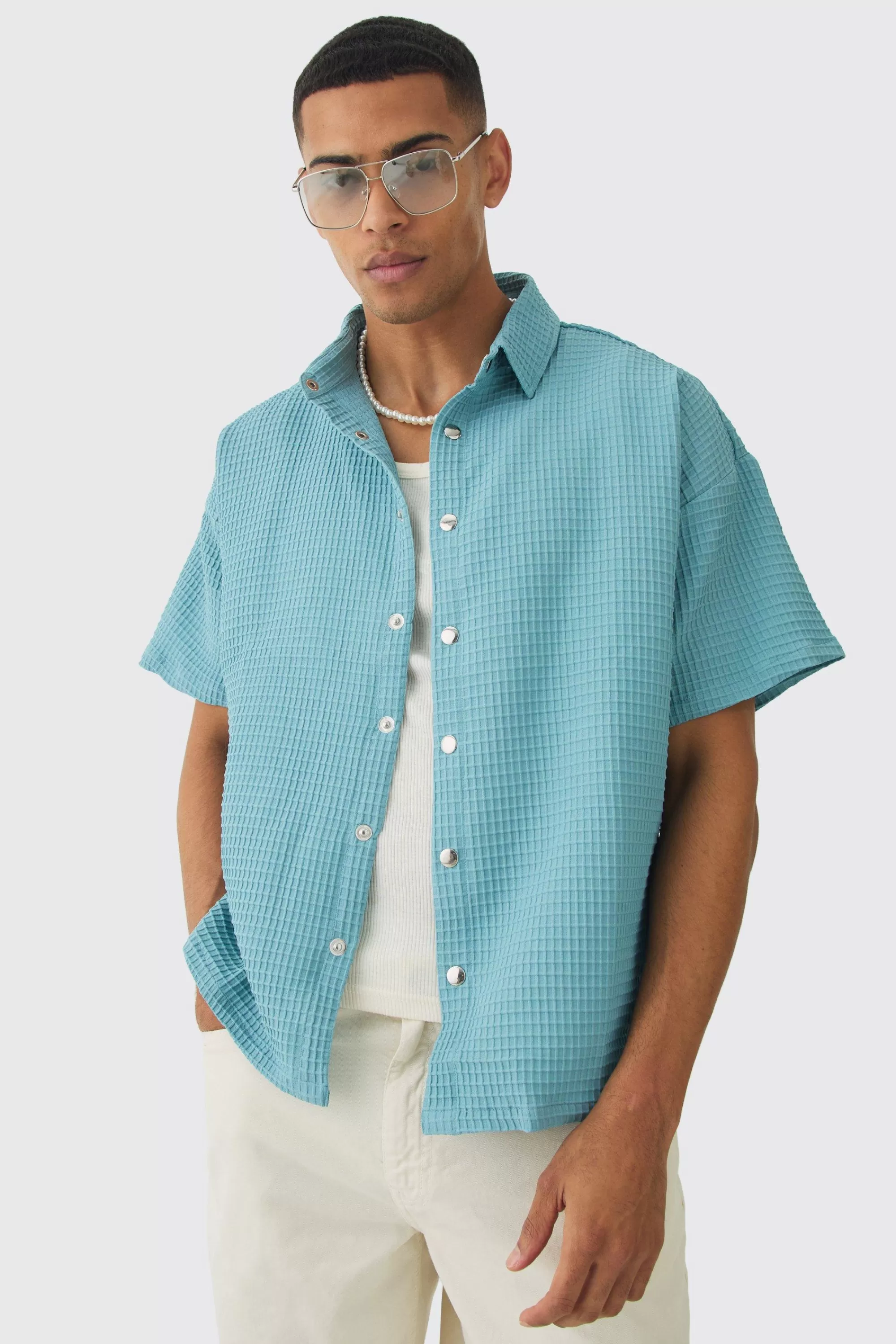 boohooMAN Boxy Waffle Shirt | UK