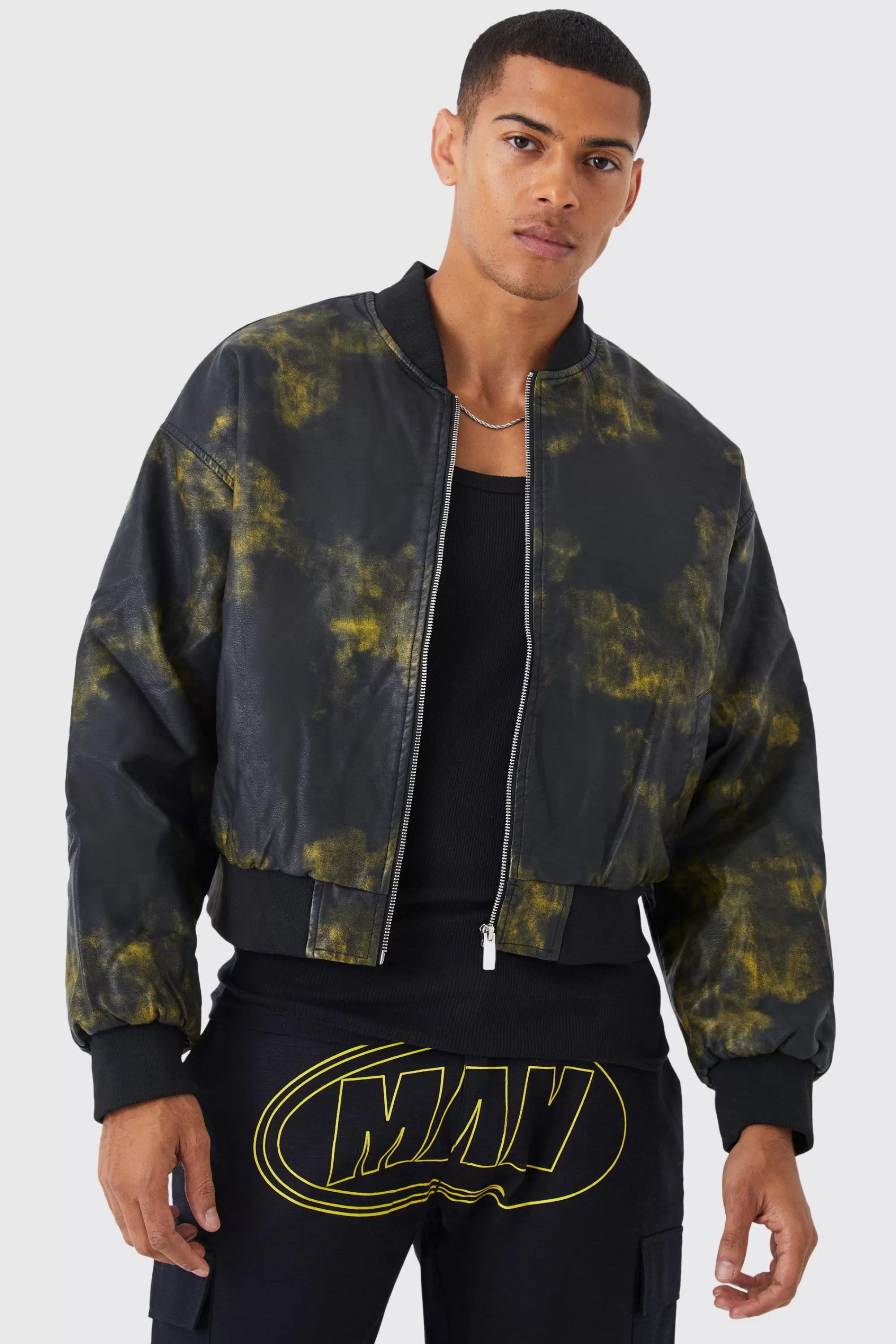 boohooMAN Boxy Washed Pu Padded Bomber | UK