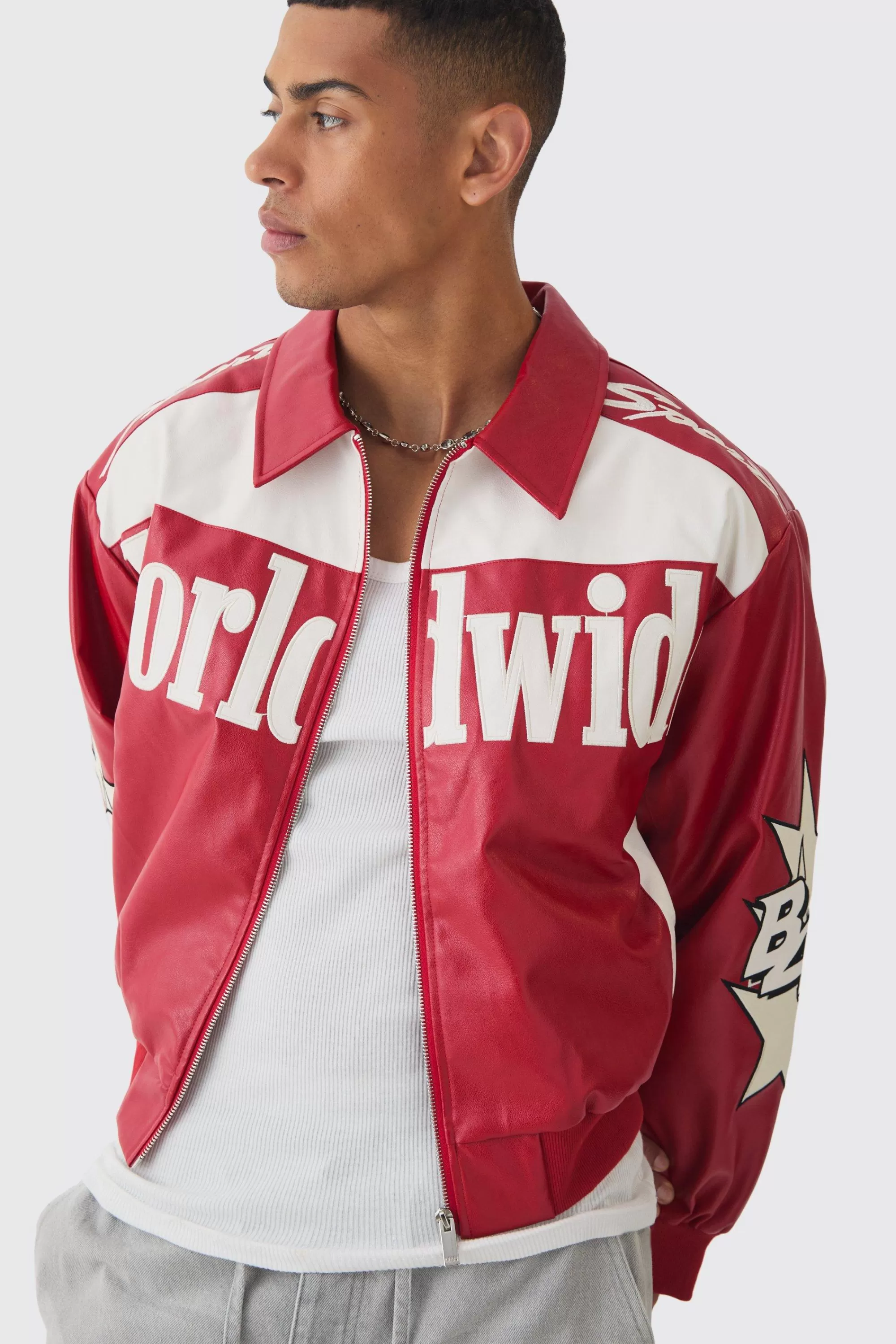 boohooMAN Boxy Worldwide Colla PU Bomber Jacket In | UK