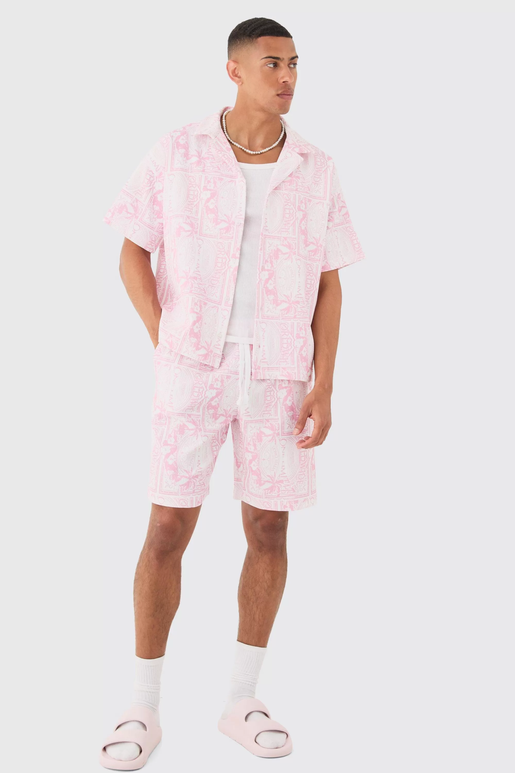 boohooMAN Boxy Worldwide Printed Pleated Shirt & Short | UK