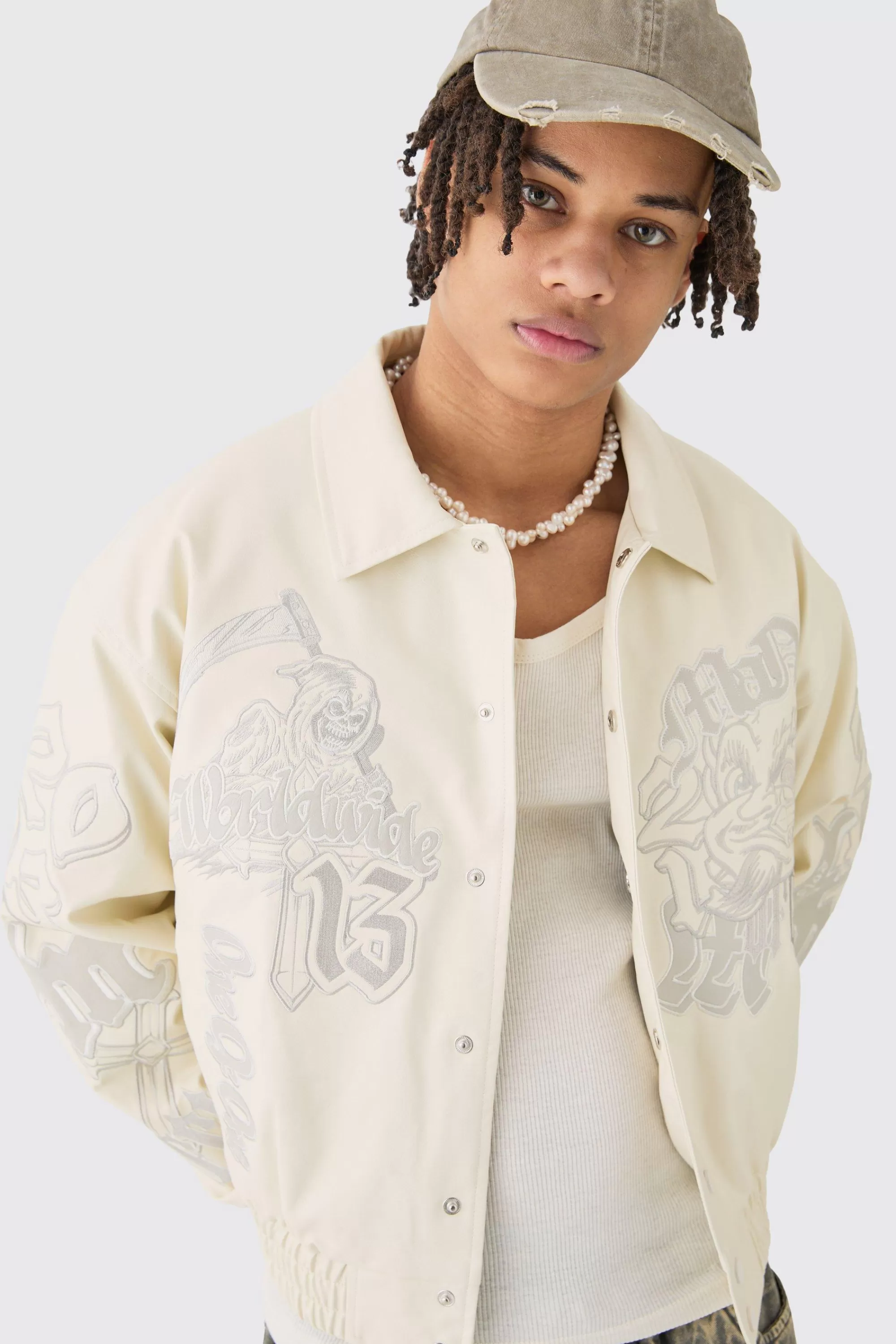 boohooMAN Boxy Worldwide Tonal Badge Collared Bomber In | UK