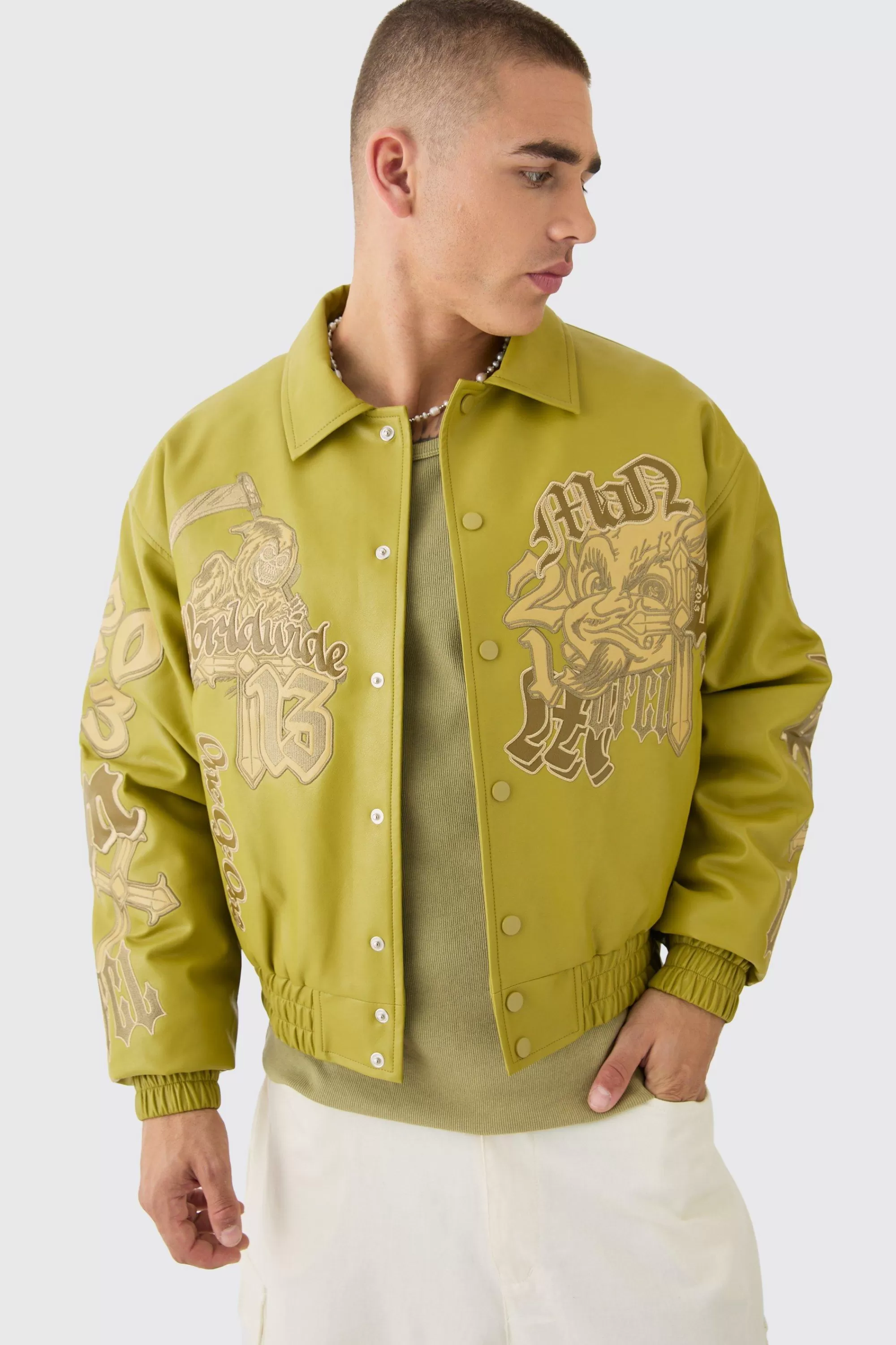 boohooMAN Boxy Worldwide Tonal Collared Bomber In | UK
