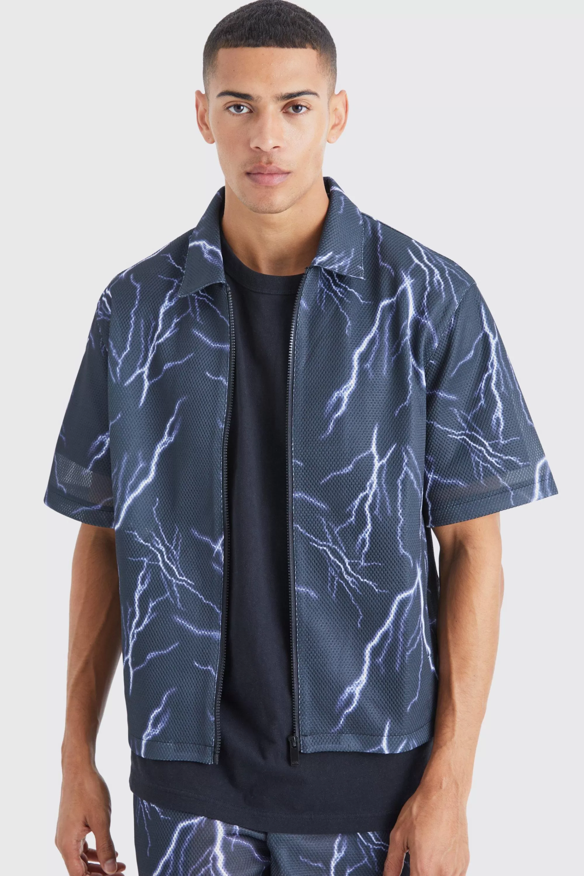 boohooMAN Boxy Zip Through Mesh Scuba Graphic Shirt | UK
