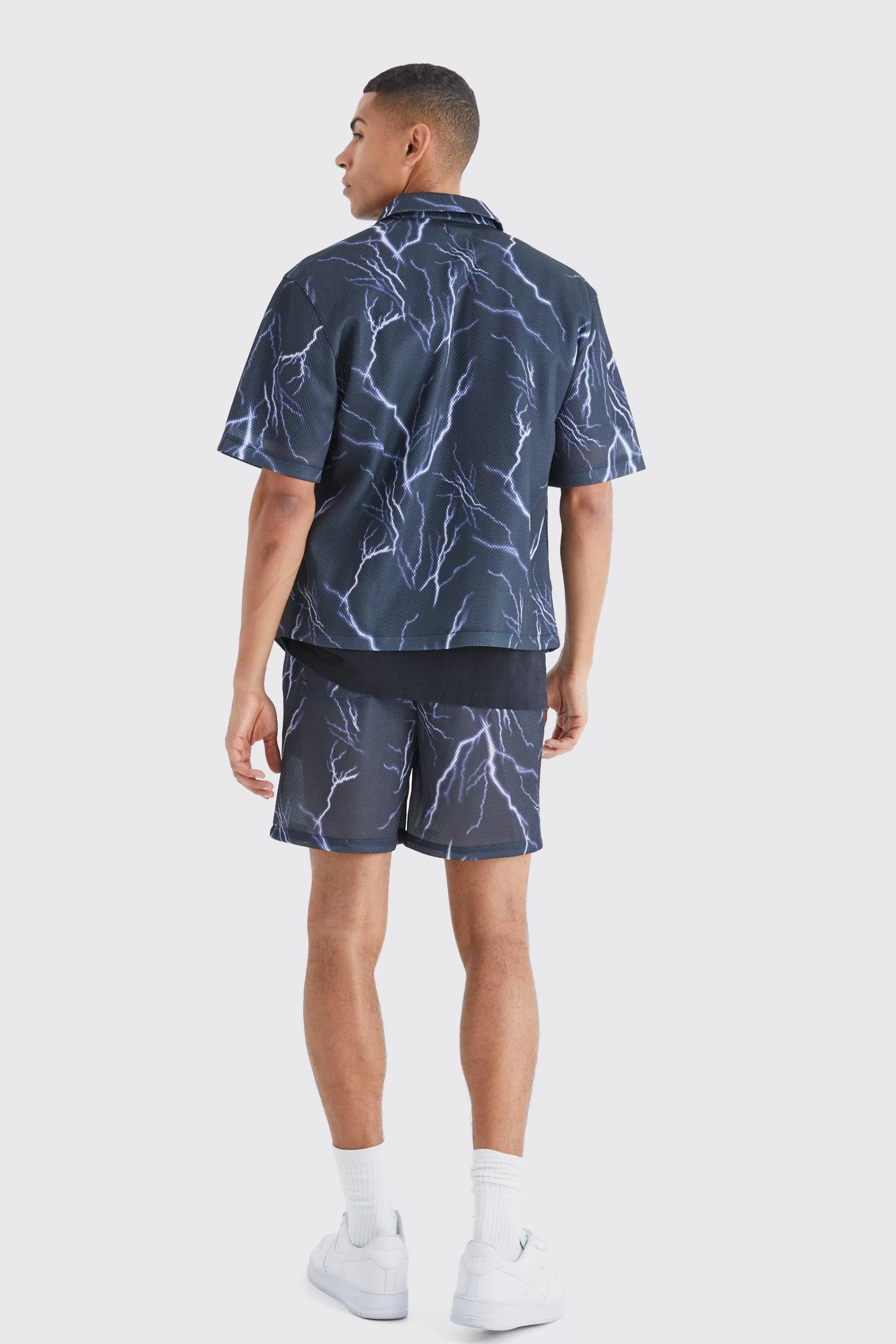 boohooMAN Boxy Zip Through Mesh Scuba Graphic Shirt | UK