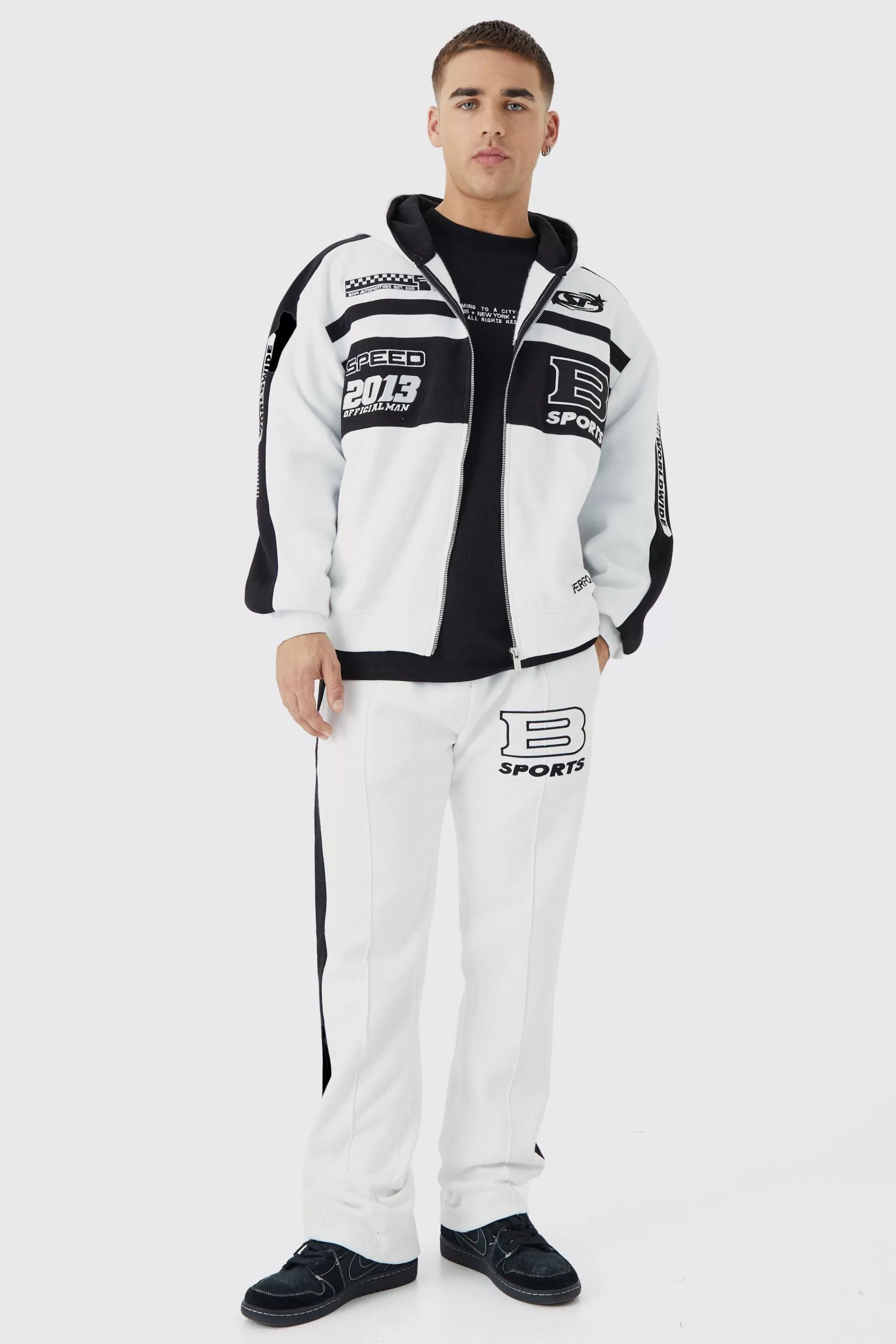 boohooMAN Boxy Zip Through Moto Panel Split Hem Tracksuit | UK